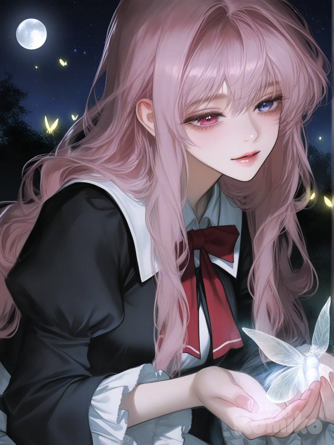An anime girl with long, pink hair reaching her back, wearing a black magic school uniform, has light pink and blue eyes. She's practicing white magic under a beautiful moonlit night, with a warm, moonlit atmosphere and fireflies fluttering around. To increase lighting and attract beautiful moths., [semi-realistic-portrait-style]