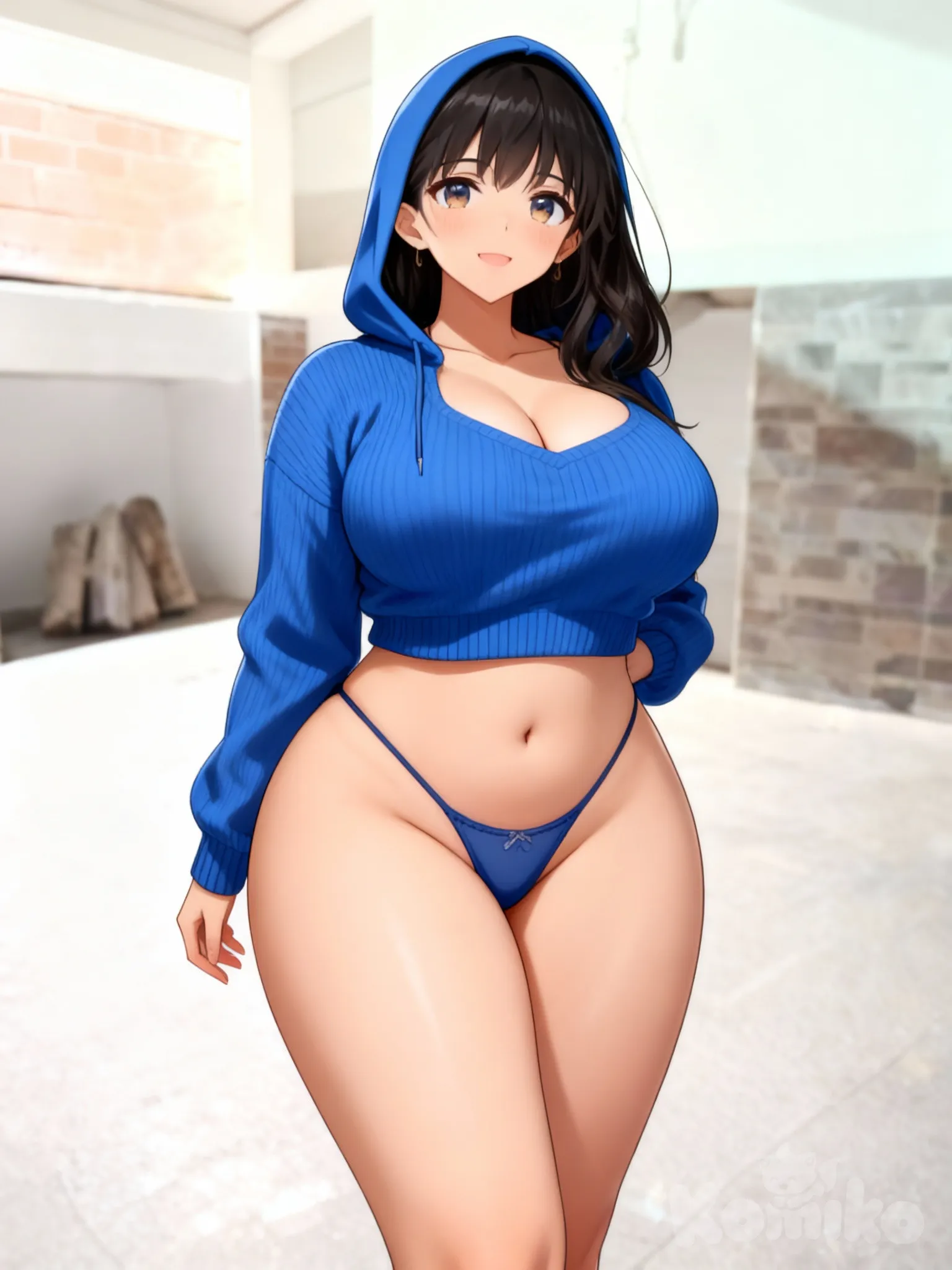 en tanga ajustada de hilo, tetas muy grandes, caderas y piernas grandes, suéter con gorro de color azul, al igual que la magen en foto , Realista