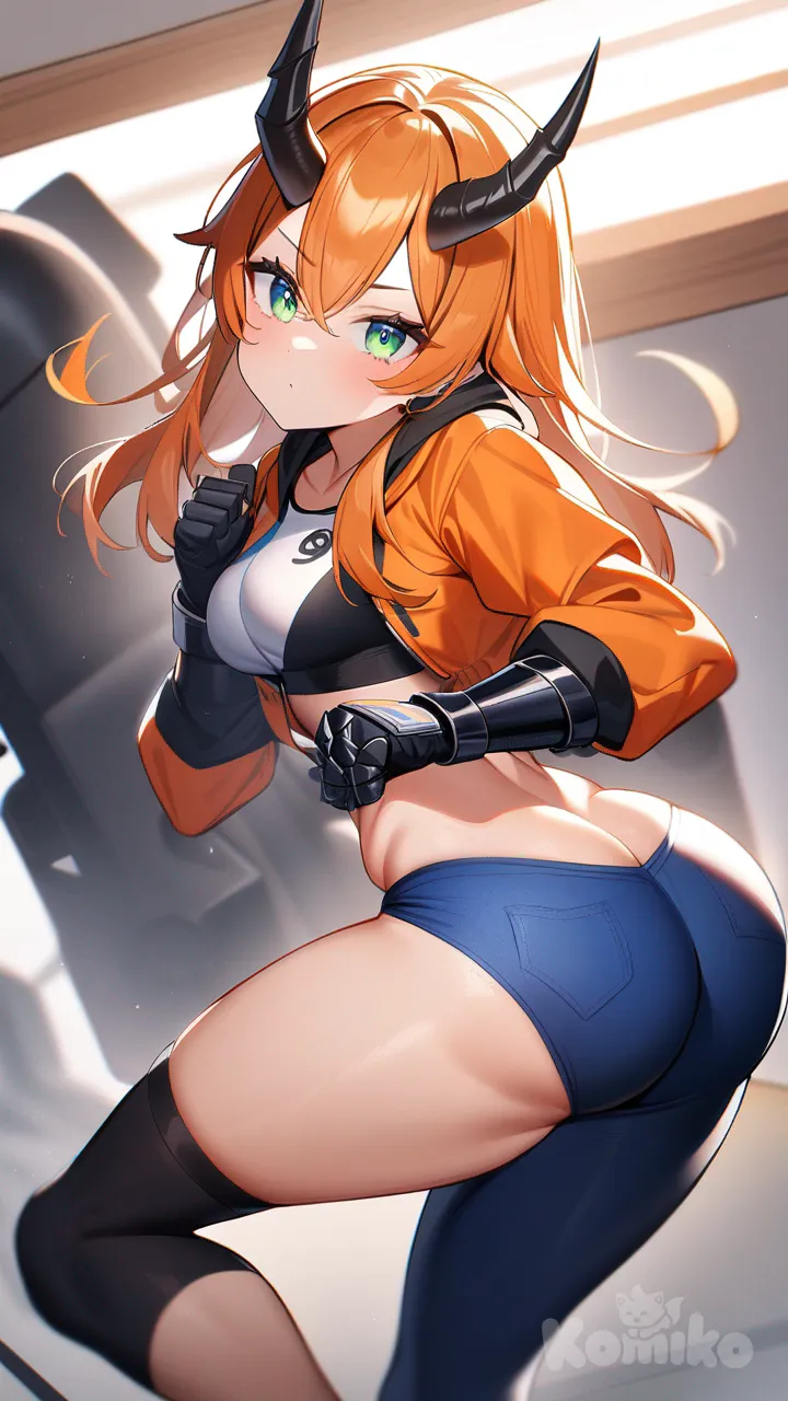 1 girl, Teenage,orange hair with black tips and highlight, peace tone skin, emerald green eyes with dark lines, light small breasts, athletic body around breast, pumped ass, 6 ft tall, a Black Horn desd center in head, wearing some black gauntlets with blue gems at the knuckle, blue jeans with one short leg one long, orange jacket whit black trim & white fur collar, and a black and gold neck collar.