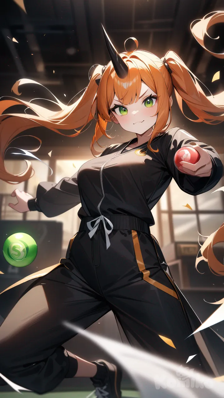 Orange hair with black ends, medium length hair with black tips, twin tails,one horn in center of Head, green eyes, medium size breast, teenager, are yellow and black martial arts outfit, using a Powerball