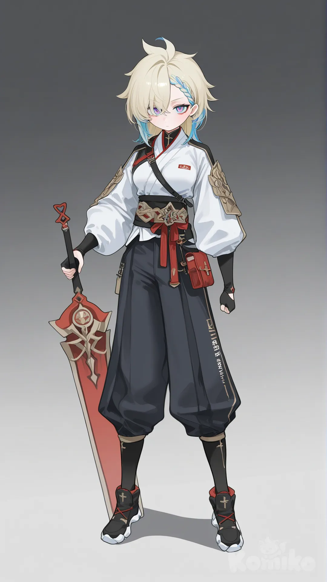 bleach blonde hair, blue tips of hair, braided bangs, cross head, multi-colored eyes, teenager, warrior uniform, red sword with white designed on it, fit body, medium breasts, Genshin Impact