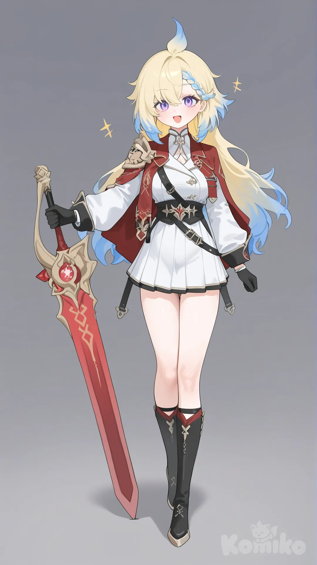 bleach blonde hair, blue tips of hair, braided bangs, cross head, valiot eyes, teenager, warrior uniform, red sword with white designed on it, fit body, medium breasts, Genshin Impact female