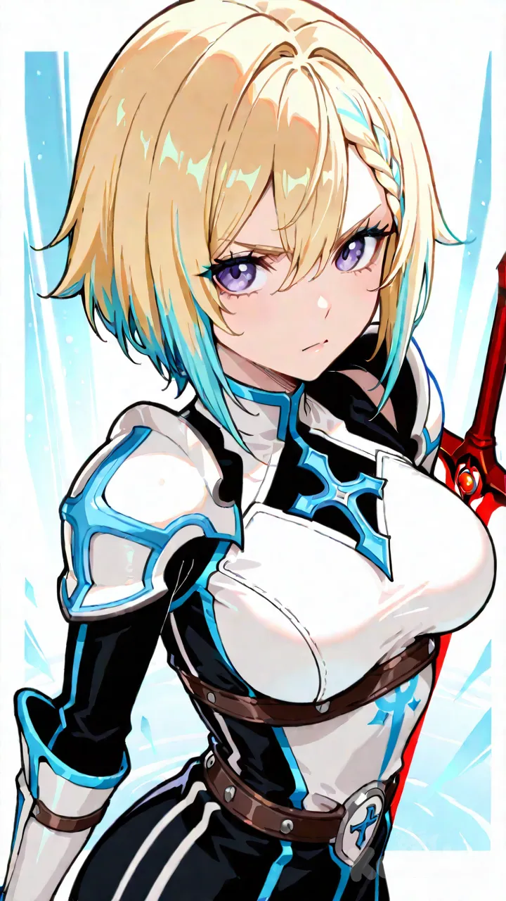 bleach blonde hair, blue tips of hair, braided bangs, cross head, valiot eyes, teenager, warrior uniform, red sword with white designed on it, fit body, medium breasts, Genshin Impact Female