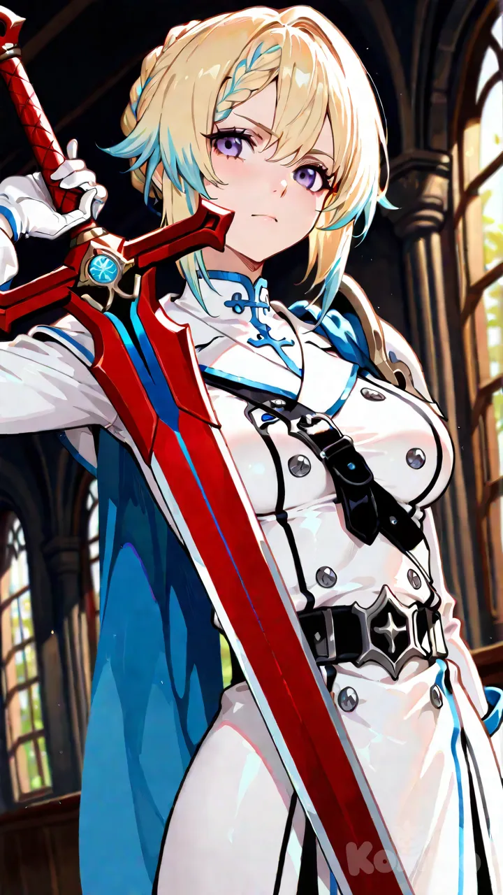 bleach blonde hair, blue tips of hair, braided bangs, cross head, valiot eyes, teenager, warrior uniform, red sword with white designed on it, fit body, medium breasts, Genshin Impact female