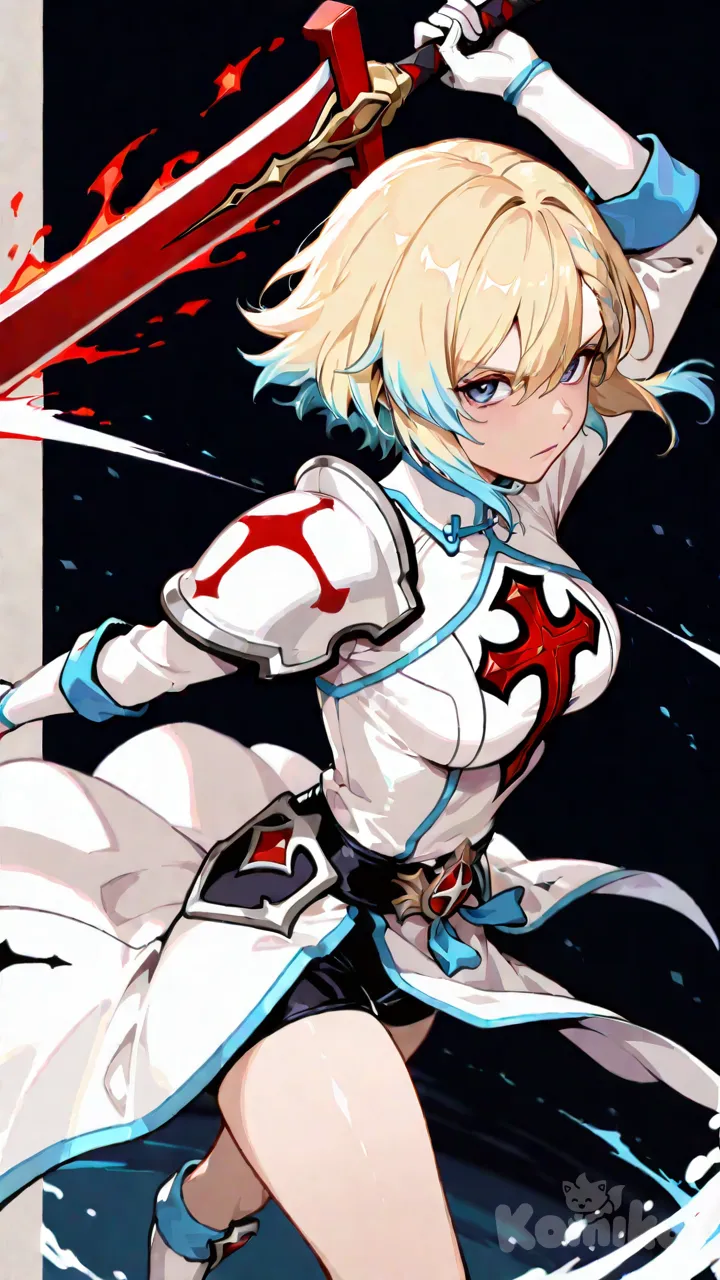 bleach blonde hair, blue tips of hair, braided bangs, cross head, valiot eyes, teenager, warrior uniform, red sword with white designed on it, fit body, medium breasts, Genshin Impact Female slashing upward