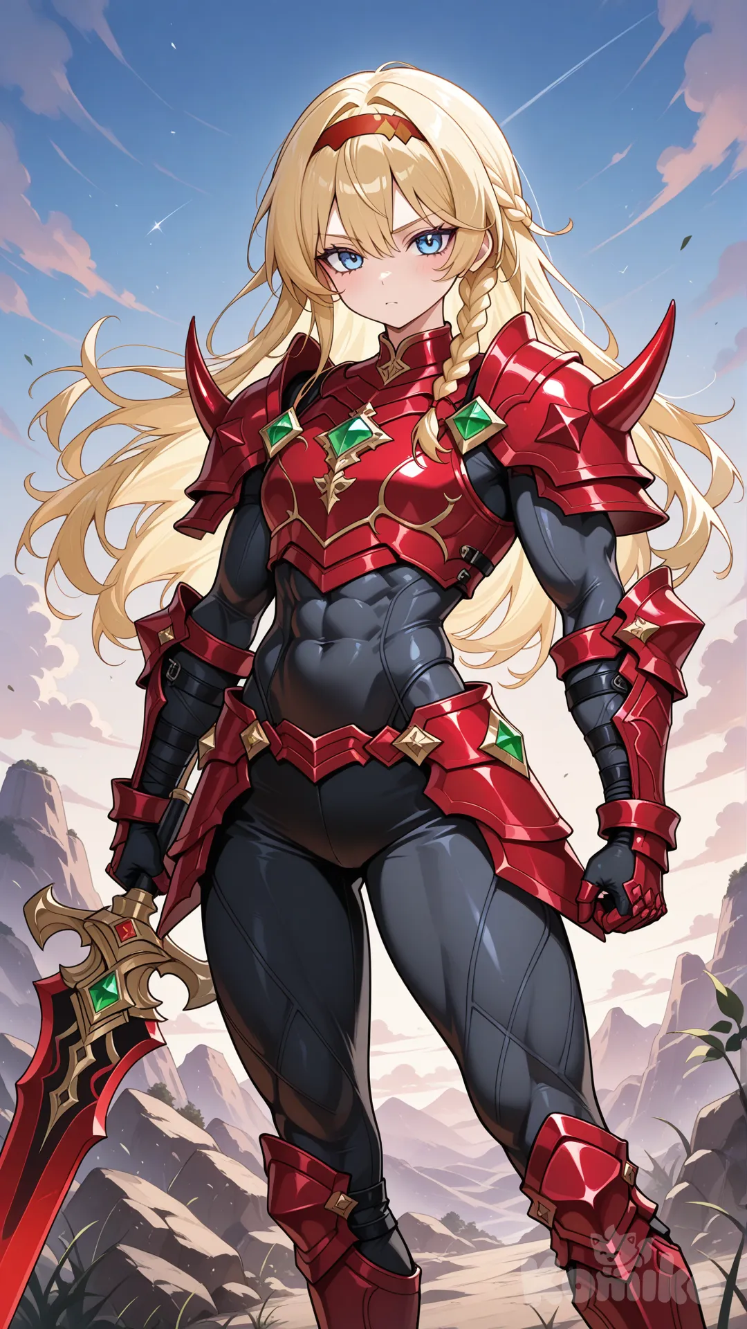 A tiny little blonde woman 19 years old, with sky blue eyes, hair braided one side with a red band,Athletic body, Stand at 4ft 6in,slim body, slight muscle, red on the black trim amro,with red gauntlet with green Stone at the top of hand, has a dragon blade of rubika, the same but with blue tips on hair