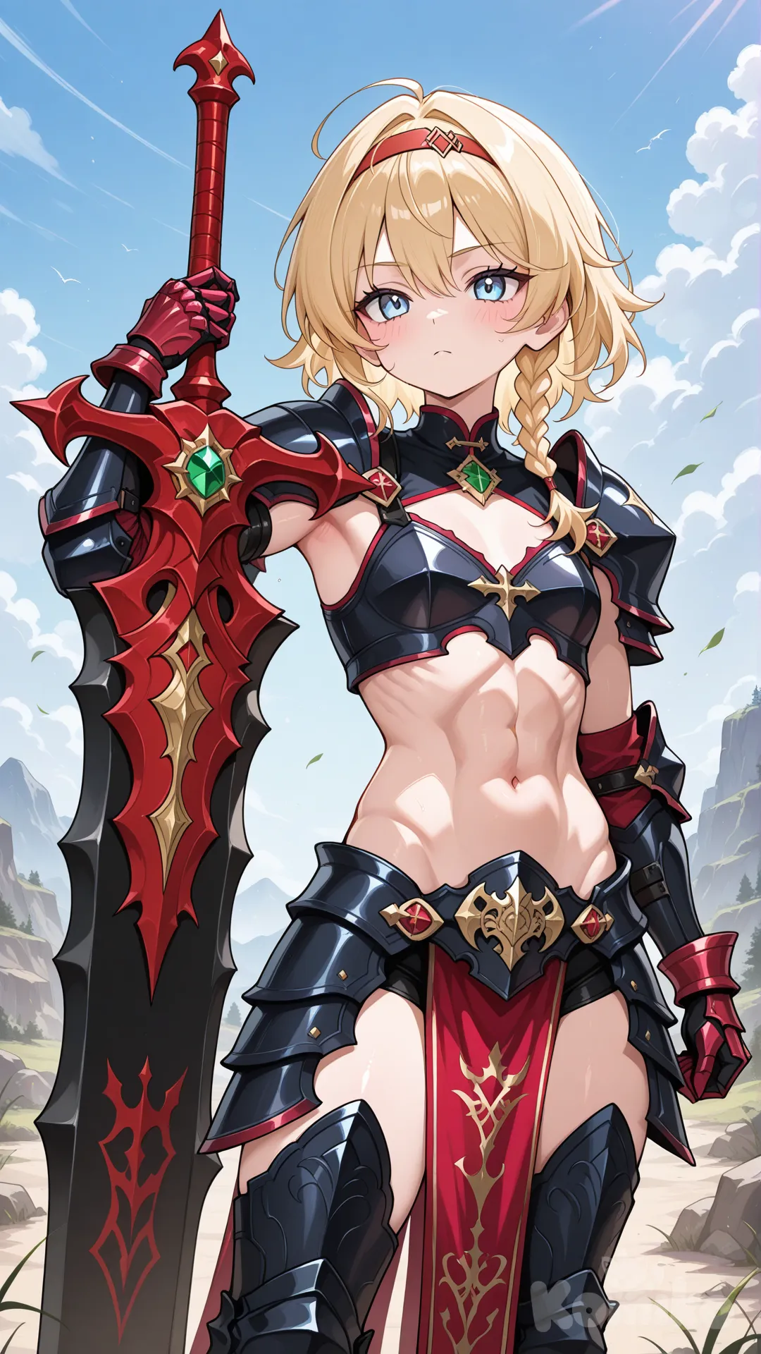 A tiny little blonde woman 19 years old, with sky blue eyes, hair braided one side with a red band,Athletic body, Stand at 4ft 6in,slim body, slight muscle, red on the black trim amro,with red gauntlet with green Stone at the top of hand, has a dragon blade of rubika