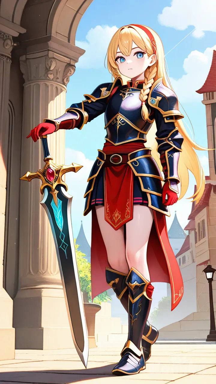 A tiny little blonde woman 19 years old, with sky blue eyes, hair braided one side with a red band,Athletic body, Stand at 4ft 6in,slim body, slight muscle, red on the black trim amro,with red gauntlet with green Stone at the top of hand, has a dragon blade of rubika
A tiny little blonde woman 19 years old, with sky blue eyes, hair braided one side with a red band,Athletic body, Stand at 4ft 6in,slim body, slight muscle, red on the black trim amro,with red gauntlet with green Stone at the top of hand, has a dragon blade of rubika

Emili the Dragon king wife