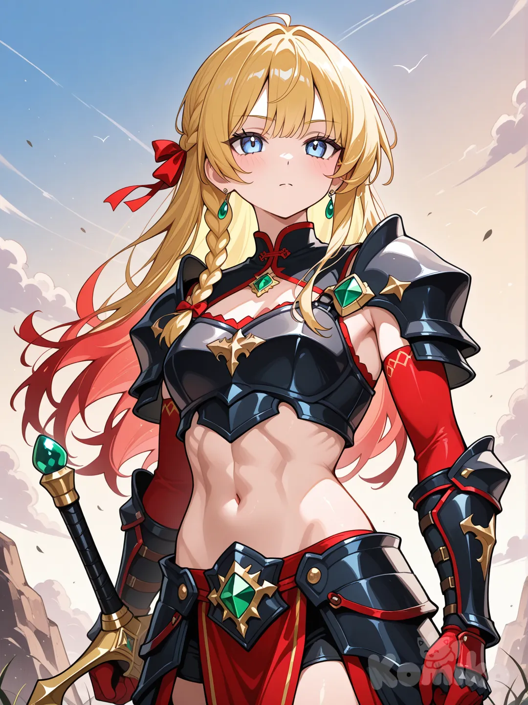 A tiny little blonde woman 19 years old, with sky blue eyes, hair braided one side with a red band,Athletic body, Stand at 4ft 6in,slim body, slight muscle, red on the black trim amro,with red gauntlet with green Stone at the top of hand, has a dragon blade of rubika
A tiny little blonde woman 19 years old, with sky blue eyes, hair braided one side with a red band,Athletic body, Stand at 4ft 6in,slim body, slight muscle, red on the black trim amro,with red gauntlet with green Stone at the top of hand, has a dragon blade of rubika

Emili the Dragon king wife
