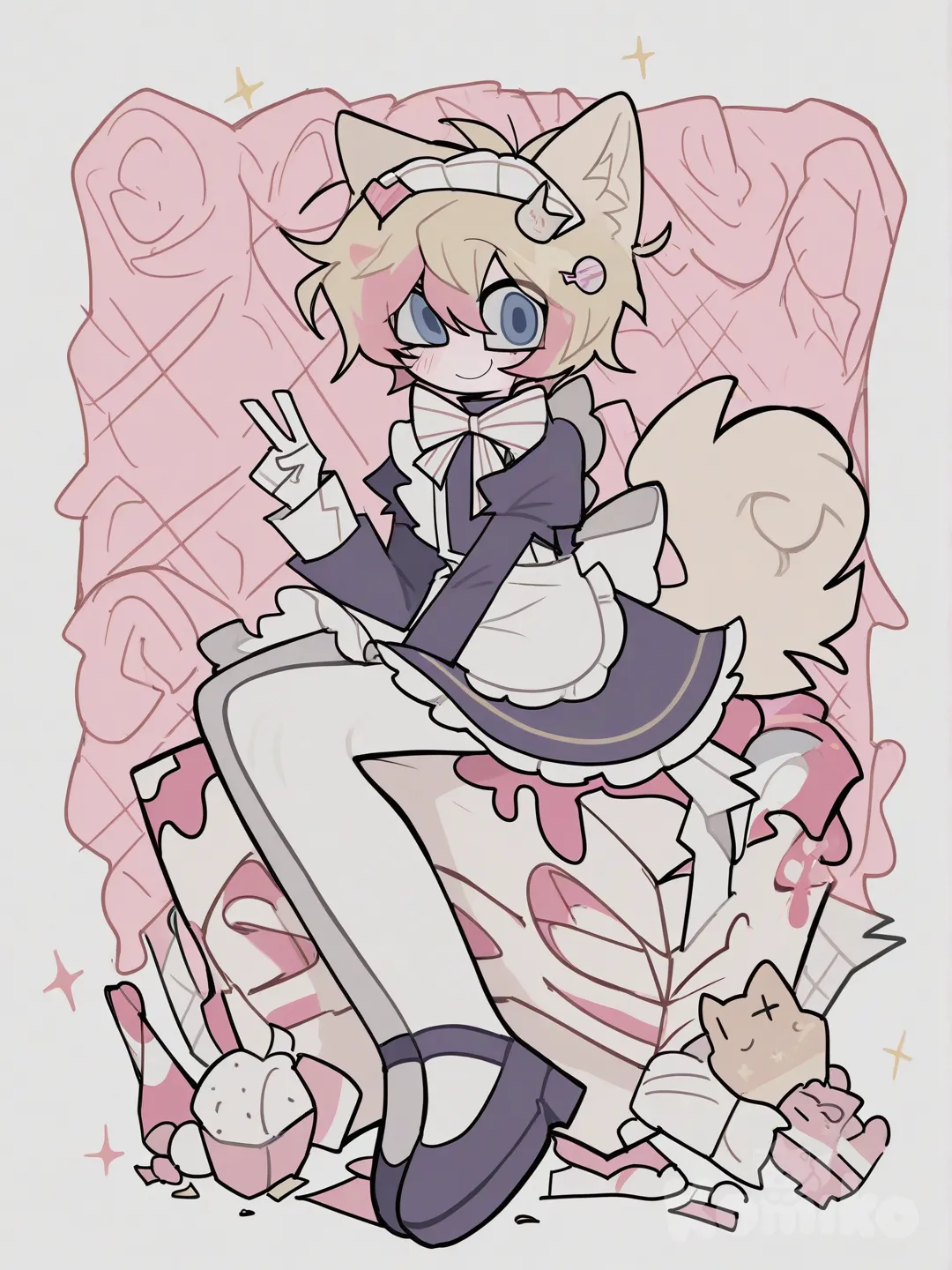 1boy, whimsical, pastel-themed character with soft pink hair streaked with bright yellow highlights, giving his hair a candy-like shimmer. He has matching cat ears and a fluffy cat tail, both blending perfectly with his colorful hair. His hair and outfit have adorable textured details, adding a sparkly, sugary feel to his design.

He’s posed in a floating, sitting position, as if weightlessly drifting through the air. His expression is sweet and inviting — a cute face with a gentle blush, and he’s smiling warmly, showing his playful charm. His eyes are a bright, adorable blue, wide and full of life.

He wears a blueish-pinkish maid outfit that fits his soft aesthetic, complete with a white bow tied neatly at the back and a classic white maid hat perched on his head. He also has white leggings that make his outfit look even cuter, paired with purple shoes that add a little pop of color.

Behind him is a dreamy background filled with cake and candy textures, giving the whole scene a sweet, dessert-themed vibe — like he’s floating in a sugary fantasy world., v sign, pearls, hair accessory, [pop-sketch-style]