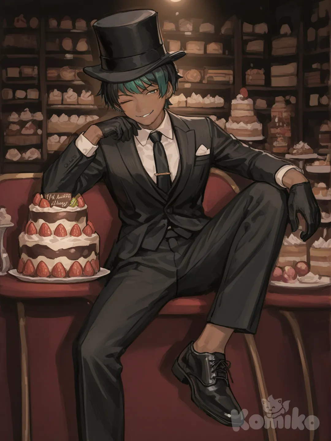 Black top hat, dark skin, black hair, black gloves, black suit, green hair, dark-skinned male, black shoes, black pants, eyes, sidelighting, render, one eye closed, suit pants, tie, charcoal black, night, ambient light,cake and candies in background, smirking, 1boy, [soft-painterly-style]