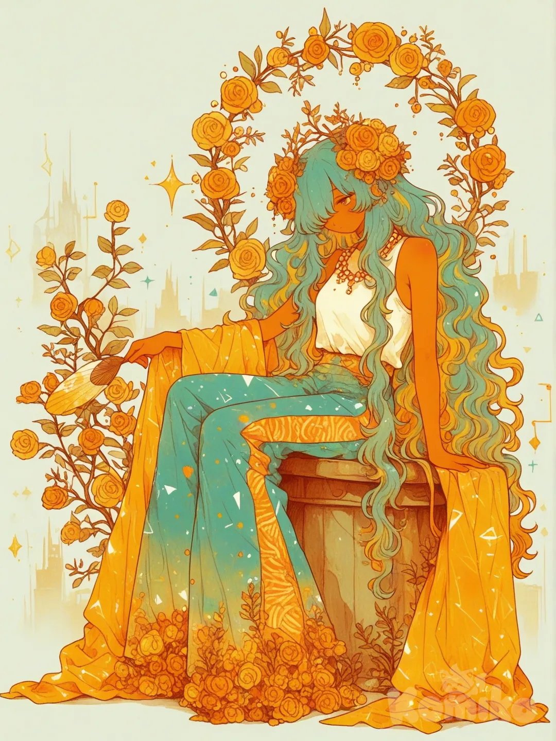 A highly anime-style illustration of a feminine character, full body, in a graceful, elegant pose.
She is setting,hips gently shifted, giving a sense of soft motion and confidence.
One arm is bent delicately at her side while the other rests loosely, fingers relaxed and natural, adding fluidity to her stance.
She has long, voluminous aqua-blue hair styled in large, flowing curls cascading past her waist, with individual strands visible, glossy texture, and gentle highlights that catch the light.
Her skin tone is warm tan/light brown, smooth and evenly shaded.
Her facial expression is calm and serene, partially obscured by ornate accessories, enhancing her mysterious elegance.
She wears an intricate floral headpiece featuring:
A decorative folded hand fan positioned on the side of her head
Roses and flowers in warm orange, yellow, and teal tones
Delicate branches, beads, and dangling pearl-like ornaments
A yellow rose covering one eye, creating a striking asymmetrical anime aesthetic
Her outfit is flowy and refined, inspired by fantasy and traditional elements:
A sleeveless top with soft pastel hues blended with turquoise and warm orange patterns, fabric appearing lightweight and silky
A long beaded necklace cascading down the center of her torso, subtly catching the light
Matching wide-leg pants with turquoise, teal, and orange abstract patterns, draping naturally with gentle folds and motion
The overall mood is ethereal, elegant, and fantasy-inspired, with a harmonious balance of warm and cool tones.
Art style & quality:
Anime fantasy illustration
Ultra-quality
High resolution, crisp focus
Clean linework with soft anime shading
Painterly lighting, subtle glow effects
Smooth gradients and luminous highlights
Professional anime character concept art
Background:
A minimalistic soft gray abstract cityscape made of large geometric blocks, softly blurred to ensure the character remains the clear focal point., [sweet-painting-style]