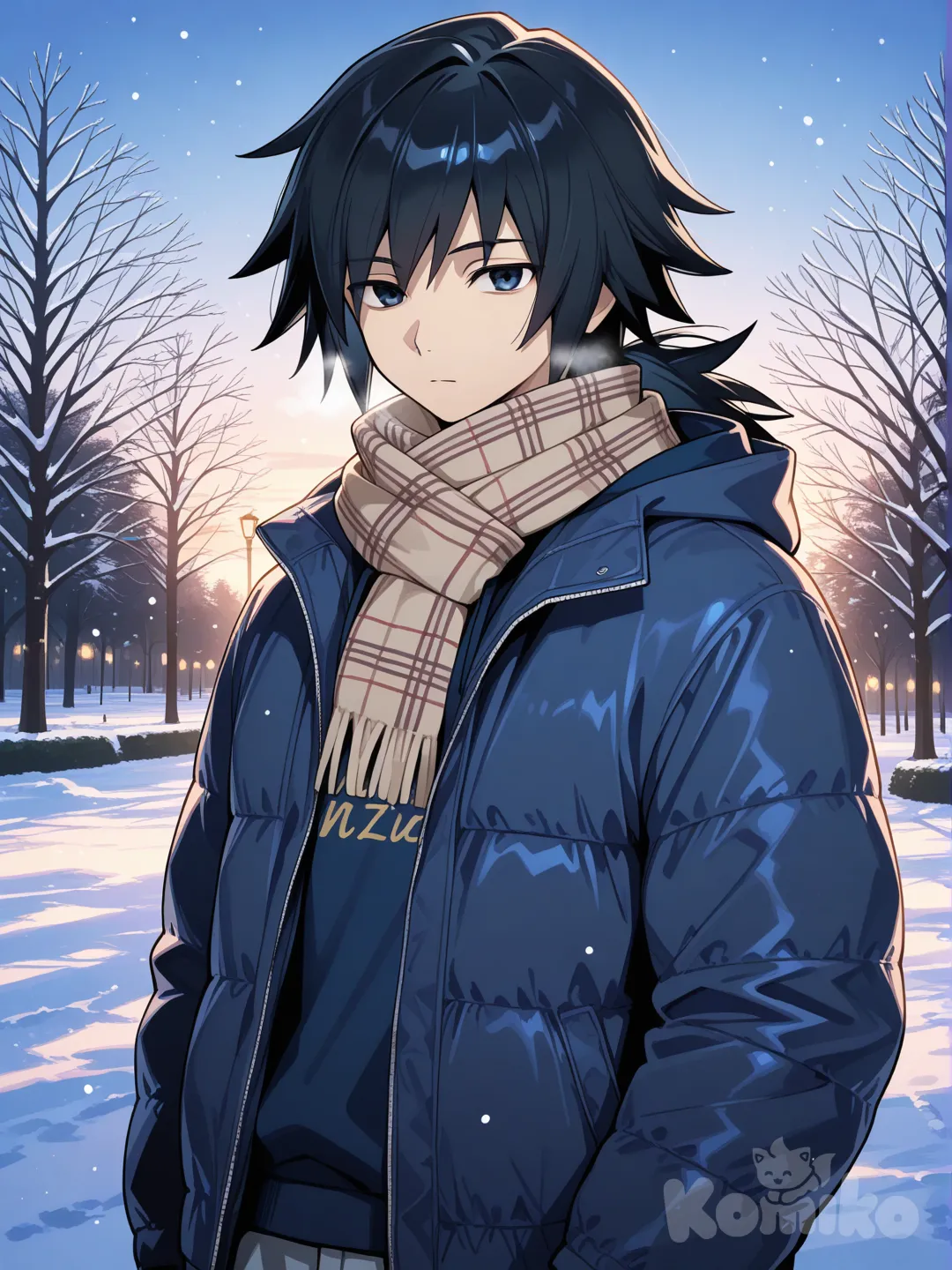 @Tomioka_Giyuu, hoodie, navy blue, spiky hair, updo, looking at viewer, ambient light, snowy, park, twilight, down jacket, casual pants, scarf, expressionless, portrait, v sign