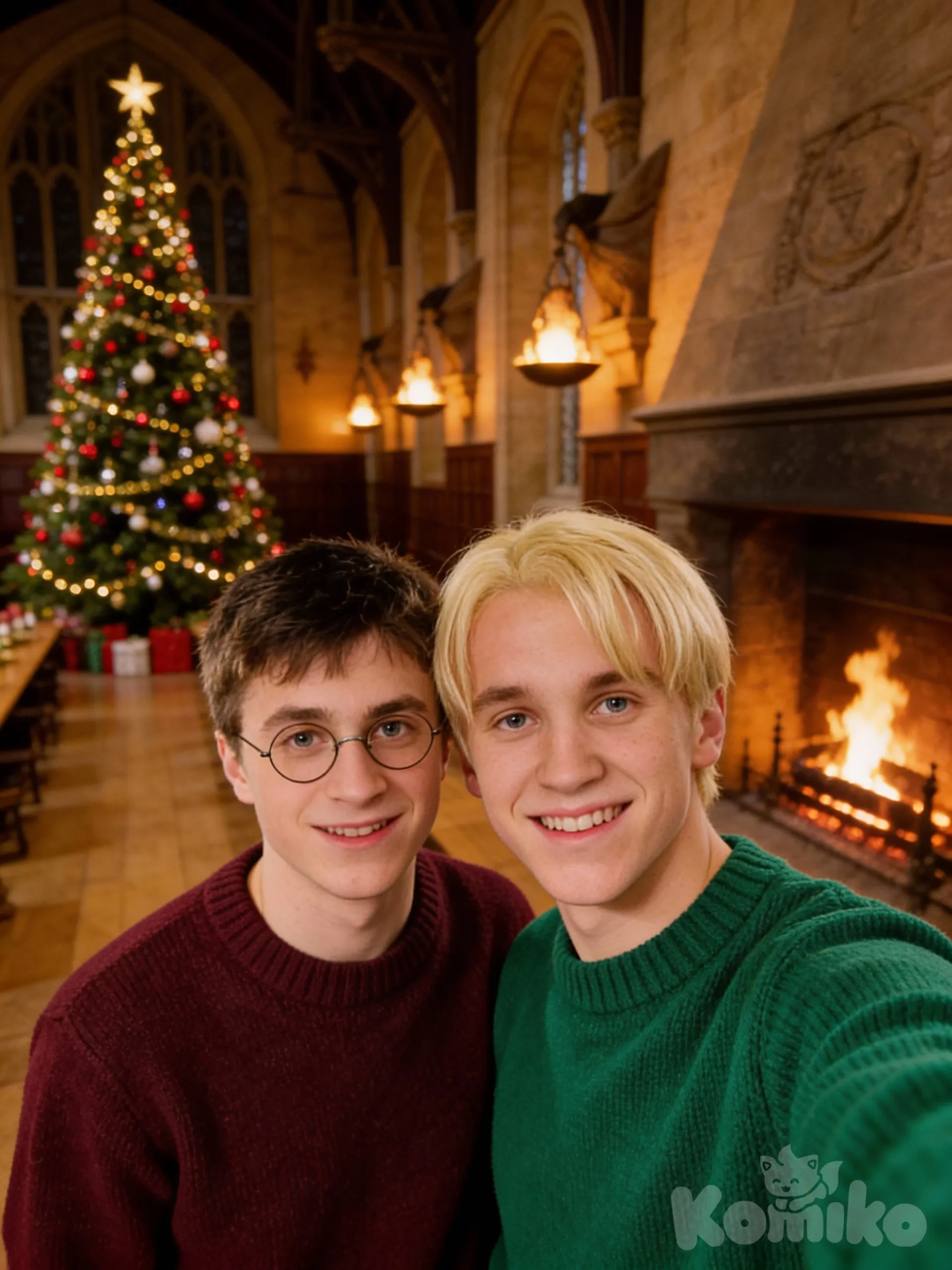 @Draco_Malfoy, selfie, @Harry_Potter Draco in an emerald sweater, Harry in a burgundy sweater, the Great Hall at Hogwarts, giving presents, a New Year's tree, a fireplace, ambient light, portrait, smile, 2people