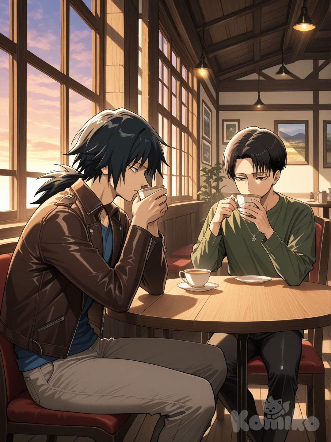 Tomioka Giyuu, casual pants, Tomioka in the blue t-shirt, Tomioka in the leather jacket, Levi (Shingeki No Kyojin), Levi in the green shirt, they are sitting at the same table by the window in a cafe, they are drinking tea, Levi is holding a cup by its top, restaurant, ambient light, twilight