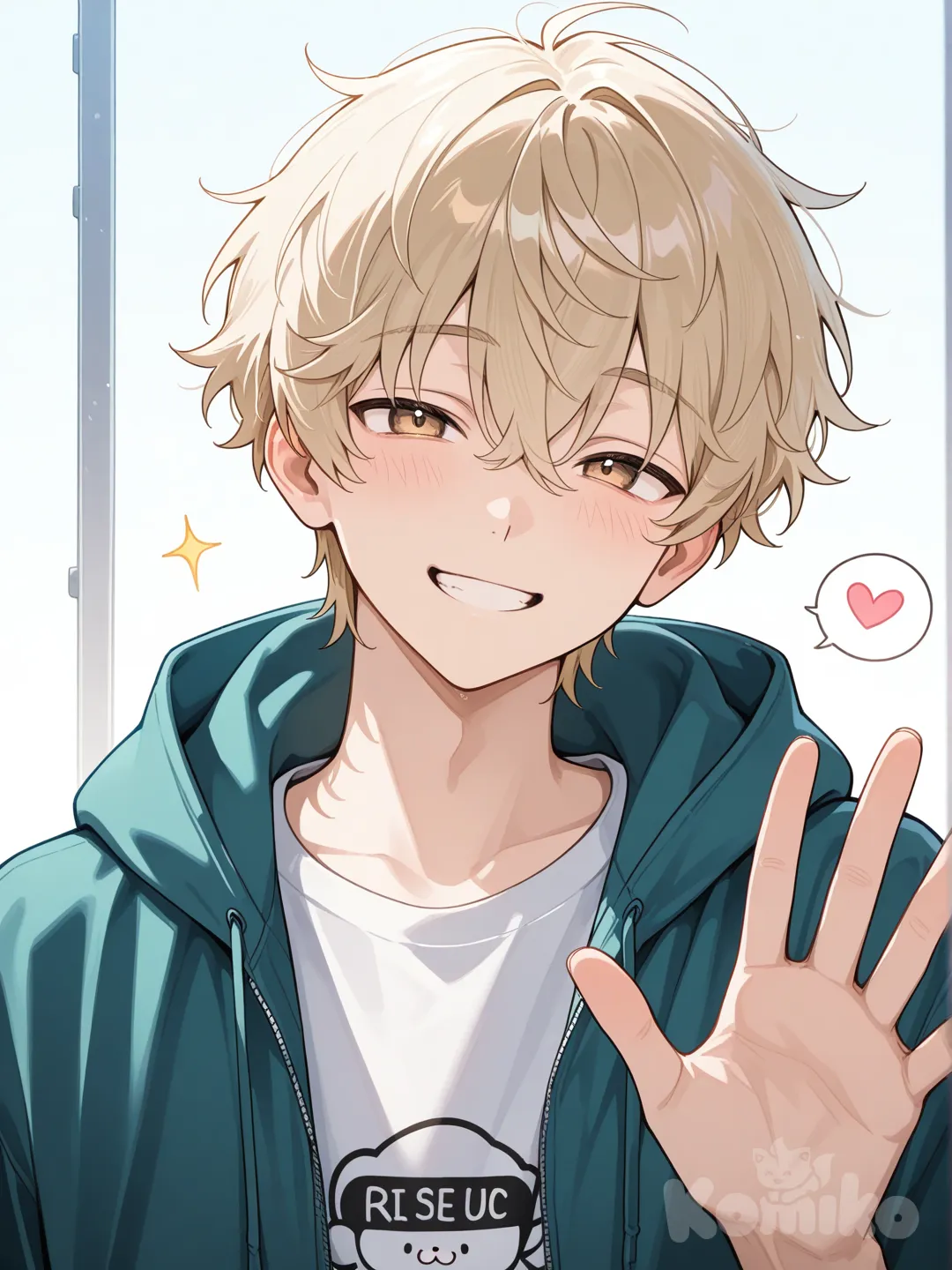 1boy, waving, t-shirt, hoodie, headshot