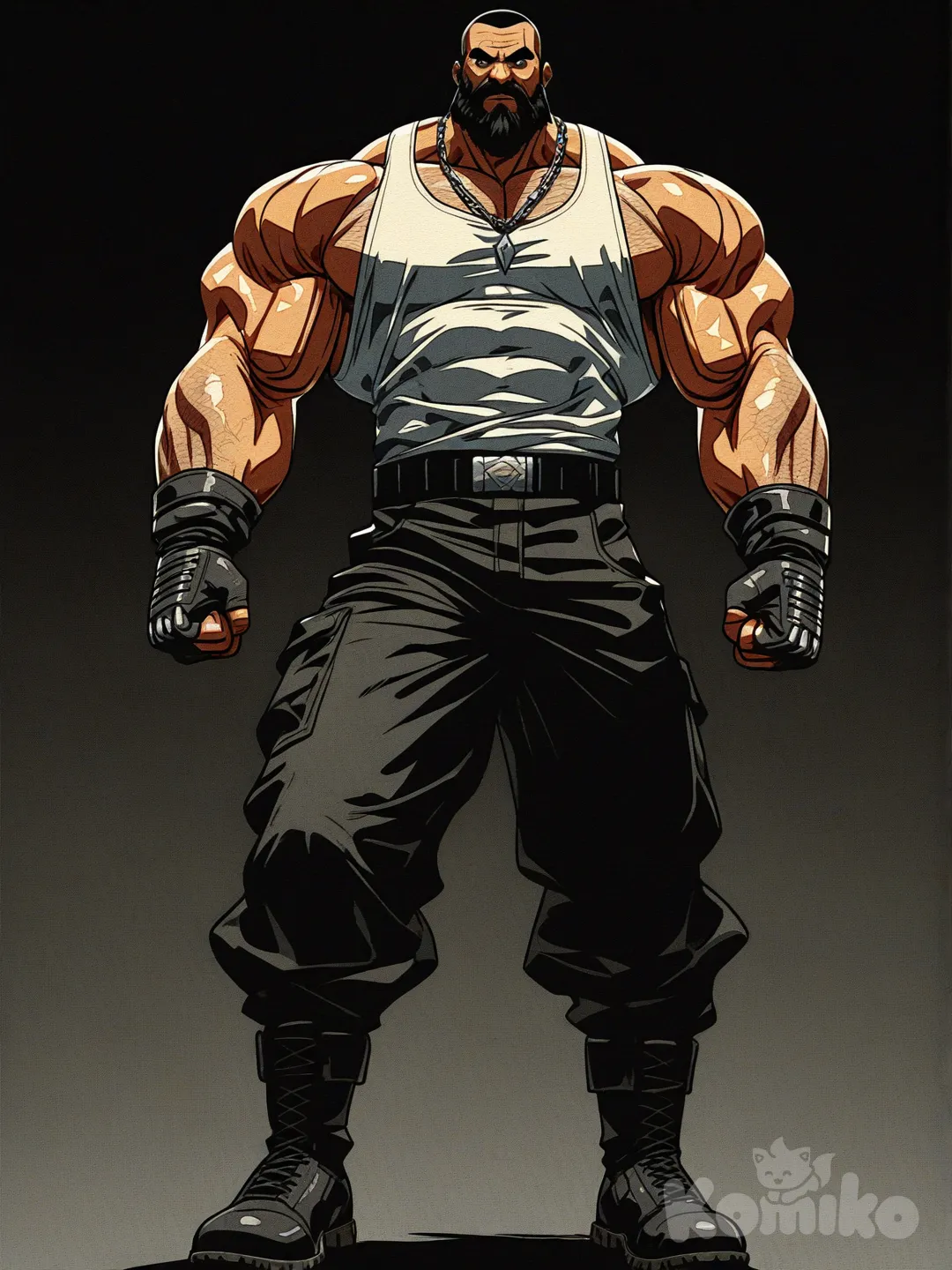 A highly full-body anime-style illustration of an extraordinarily tall and massively hyper-muscular young man standing powerfully while facing directly forward toward the viewer, perfect left-right symmetry in every single aspect of anatomy, proportions, muscles, clothing folds, and facial features despite his extreme thickness and density, no background whatsoever, completely isolated figure on a fully transparent void with zero environmental elements, no ground, no sky, no mist, no smoke, no particles, no effects, no other creatures or objects, pure clean cutout.

The man is depicted in full body from head to toes, extremely tall stature with highly elongated proportions to emphasize towering height over 7 feet scale, long legs and extended torso length for a commanding giant presence, mastodonic physique with superhuman muscle density and volume in pure anime exaggeration, perfectly symmetrical build mirrored flawlessly left to right, impossibly broad shoulders exactly twice the width of his head with identical deltoids, enormous bulging pectorals symmetrically massive and rounded with deep identical striations and veins on both sides, extremely defined eight-pack abs with perfectly mirrored obliques and serratus, colossal arms with biceps and triceps peaking symmetrically like mountains, forearms as thick as average thighs with identical protruding veins, gigantic quadriceps and hamstrings flaring out equally on both legs, diamond-shaped calves mirrored perfectly, large symmetrical feet, bronzed smooth anime skin with glossy highlights and subtle chest hair rendered in fine lines, light sweat sheen for dramatic shine, no tattoos or markings anywhere, completely clean skin.

Head and face: short black hair in clean anime buzz cut style, sides and back closely shaved, top slightly longer but maximum one inch and neatly styled with sharp anime highlights, no loose strands; young handsome anime facial features with perfect symmetry, age appearing 20-21 years old with fresh and youthful look, wide square jawline identically chiseled on both sides, high symmetrical cheekbones, thick arched eyebrows mirrored exactly, narrow piercing dark eyes with identical anime specular shine staring straight ahead intensely, centered broad straight nose, thin lips in firm neutral line with equal slight downward curve, large prominent and well-defined full black beard that is thick, dense and sharply marked covering the entire jawline, chin and connecting to sideburns with perfect symmetrical grooming and sharp edges, thick bull-like neck with mirrored veins leading into perfectly symmetrical raised traps.

Attire: sleeveless white tank top tightly fitted to emphasize the massive symmetrical torso, pectorals and abs with anime-style fabric stretch and subtle wrinkles at the armholes and hem, black military cargo pants with straight legs, multiple symmetrical pockets on both sides, matte tactical fabric with realistic creases at knees and hips, wide black tactical belt centered with metallic buckle, black tactical leather gloves on both hands with identical seams and wear details, black military combat boots with symmetrical laces and reinforced toes, silver thick chain necklace with centered triangular pendant resting perfectly on bare upper chest area visible above the tank top with symmetrical drape.

Pose: standing completely frontal and centered, tall elongated posture with straight back and long limbs, legs shoulder-width apart with equal weight distribution and identical muscle tension, arms hanging slightly away from sides with loosely clenched fists mirrored perfectly left and right, no twist or lean in torso, head facing directly forward with symmetrical expression of intense confidence and power, static dynamic anime pose.

Art style: pure high-detail anime illustration with bold clean outlines, vibrant cel-shading, dramatic anime gradients and highlights, exaggerated heroic proportions, high-contrast lighting from above casting symmetrical shadows, ultra-sharp 8K-level detail on skin, fabric, hair, muscles and beard, no realistic or semi-realistic influences, strictly anime aesthetic, perfect bilateral symmetry emphasized in every element, absolutely no background or additional entities, isolated character only., [action-manga-style]