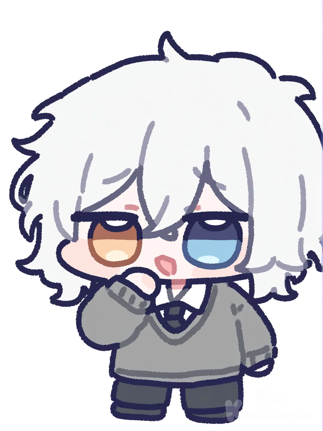 [chibi-sticker-style] a chibi boy in komiko chibi sticker style, half black half white hair,
left side black hair, right side white hair, messy bangs,
heterochromia eyes, left eye teal blue, right eye amber gold,
sleepy expression, mouth slightly open,

wearing dark gray oversized V neck sweater,
white shirt inside with black tie,
dark pants,
one hand near his mouth, relaxed standing pose,

same character design as reference, keep hairstyle and eye colors
cute chibi, simple round body, big head, pastel outline
