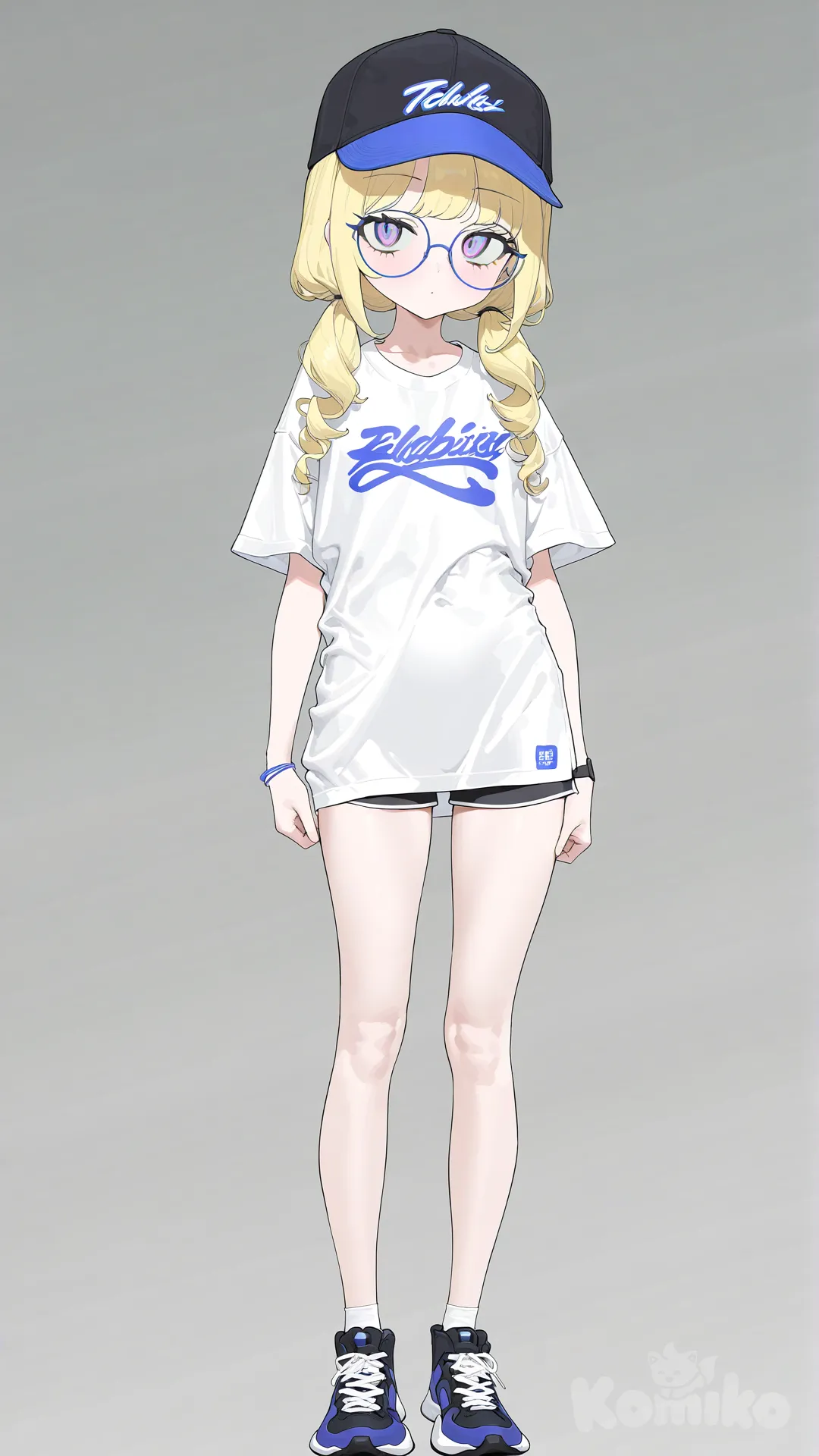 Chica pequeña , cabello rubio corto, gafas azules, gorra de beisbol, camisa de beisbol, short corto