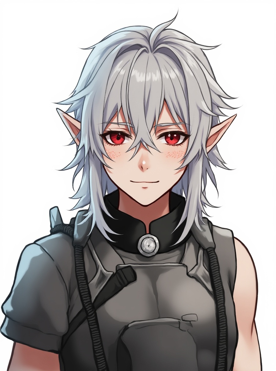 1boy, elf horror vtuber, teenager, athletic, silver hair, short wavy hair, beanie, freckles, red eyes, single character, full body, looking at viewer, anime style, simple background, white background