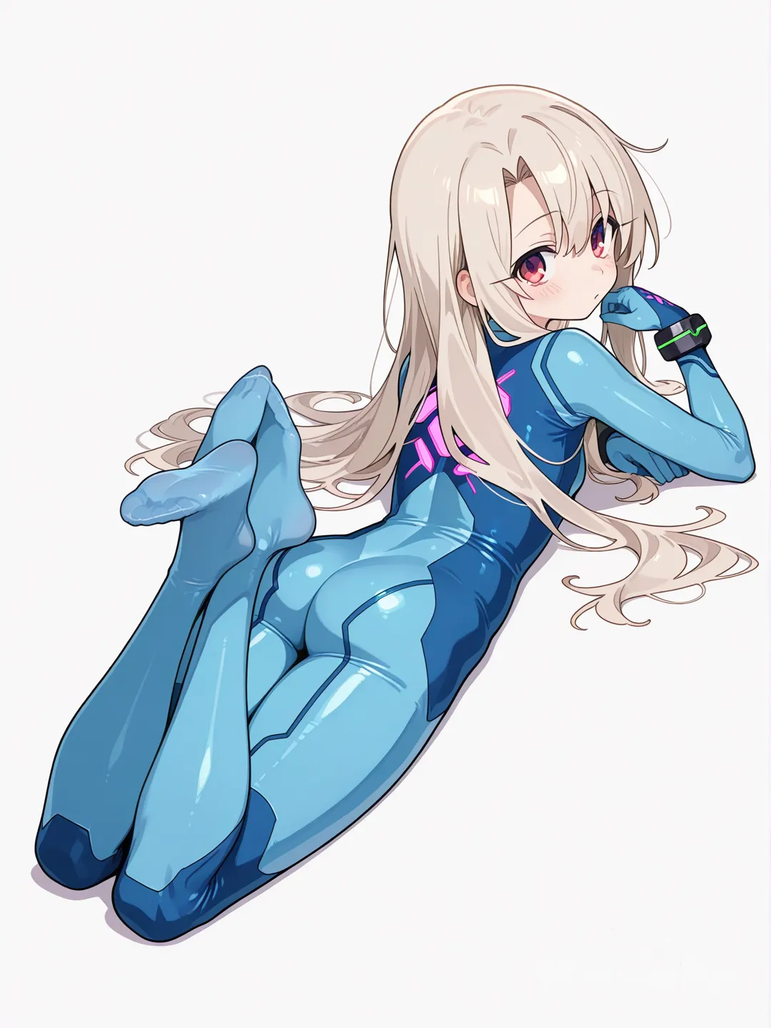 1girl, illyasviel von einzbern\(fate\/kaleid liner prisma illya\), metroid\(cosplay\), zero suit, bodysuit, full body, white background, hand movements, leg movements, ultra looking at viewer,by Yoshitaka Amano, on stomach, arm support, feet up, full body, from behind