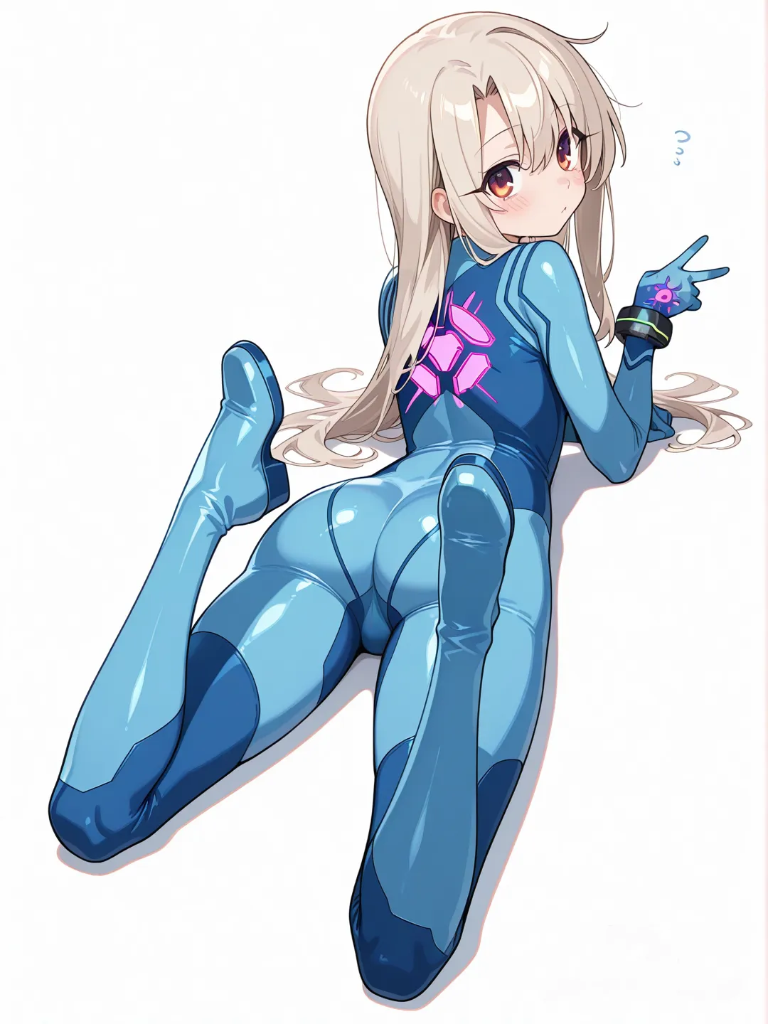 1girl, illyasviel von einzbern\(fate\/kaleid liner prisma illya\), metroid\(cosplay\), zero suit, bodysuit, full body, white background, hand movements, leg movements, ultra looking at viewer,by Yoshitaka Amano, on stomach, arm support,body boots, full body, from behind