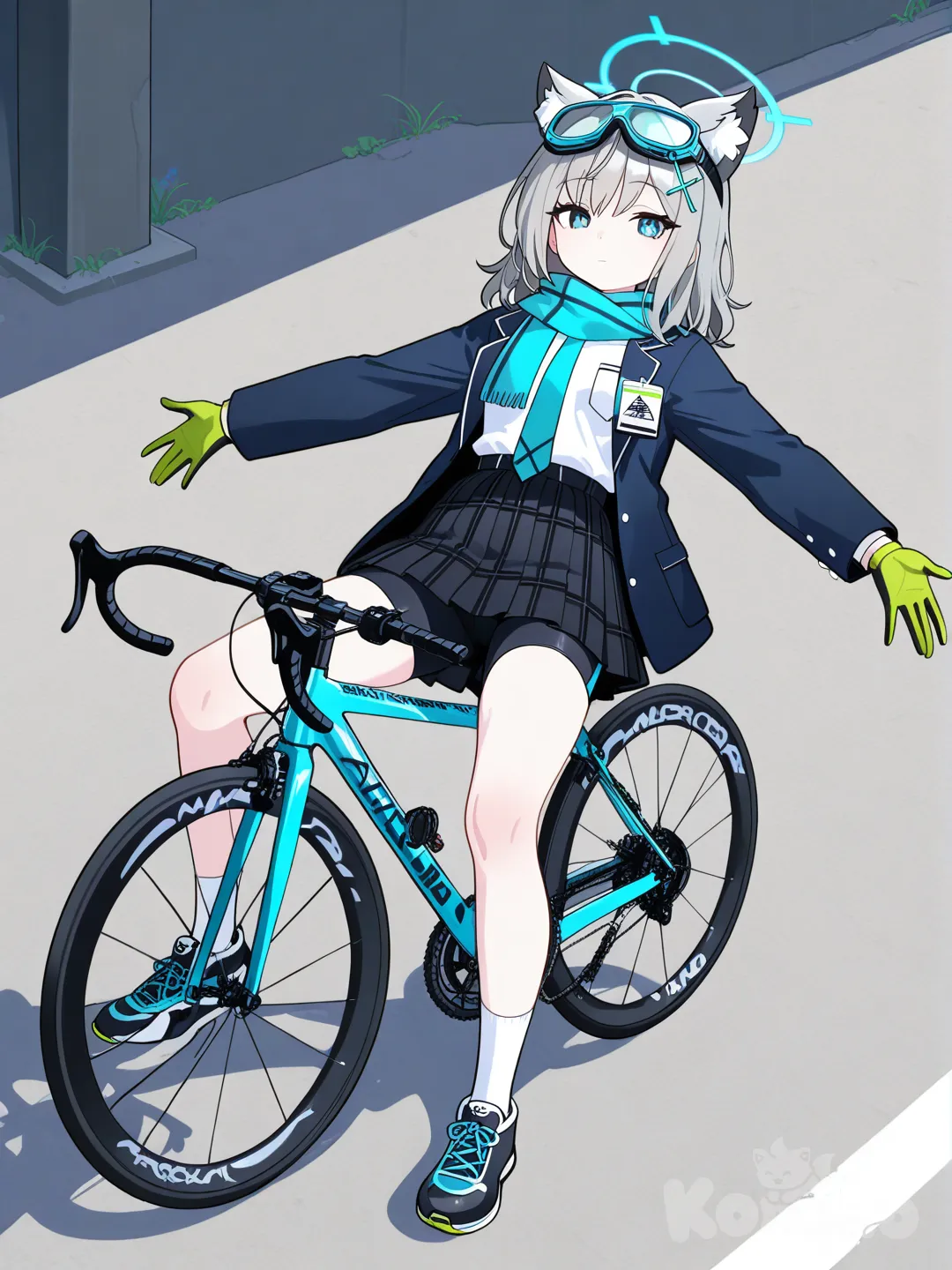 1girl,siroko (blue archive), gloves,high-res,solo,goggles on head,no emotion,from head to feet angle,on back, outstretched arms, 1girl,siroko (blue archive), gloves,high-res,solo,goggles on head,no emotion,from head to feet angle,ride bike,bike shorts, bike shorts under skirt, full body
