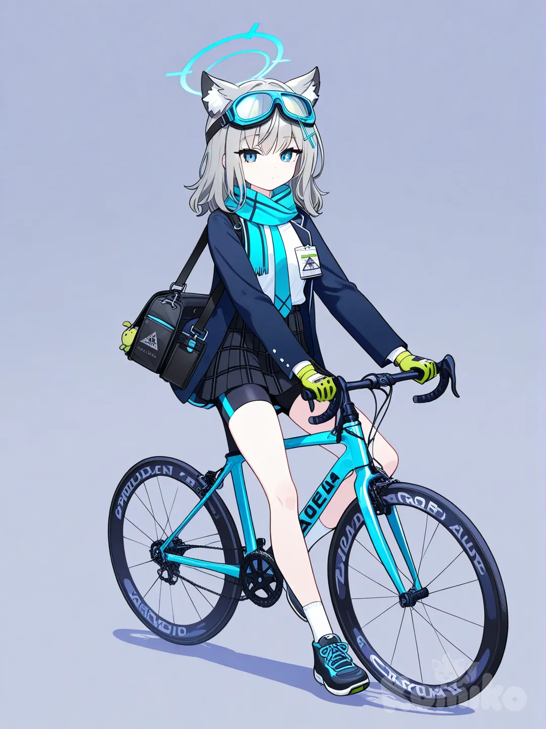 1girl,siroko (blue archive), gloves,high-res,solo,goggles on head,no emotion,from head to feet angle,on back, outstretched arms, 1girl,siroko (blue archive), gloves,high-res,solo,goggles on head,no emotion,from head to feet angle,ride bike,bike shorts, bike shorts under skirt, full body