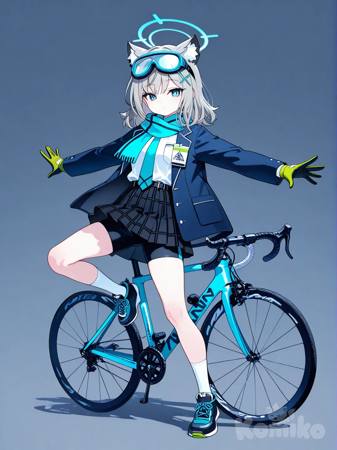 1girl,siroko (blue archive), gloves,high-res,solo,goggles on head,no emotion,from head to feet angle,on back, outstretched arms, 1girl,siroko (blue archive), gloves,high-res,solo,goggles on head,no emotion,from head to feet angle,ride bike,bike shorts, bike shorts under skirt, full body