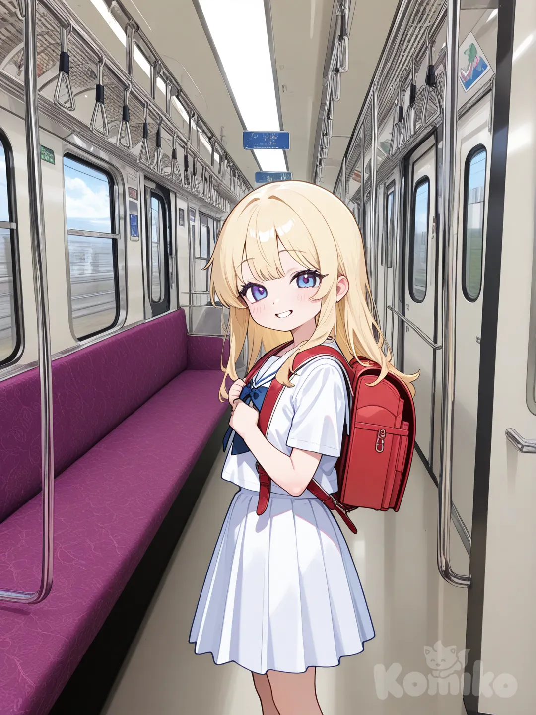 cute,1 ittle girl,7 years old, blonde hair, long hair, smile ,elementary school uniform, red school backpack,
in train,train crowded