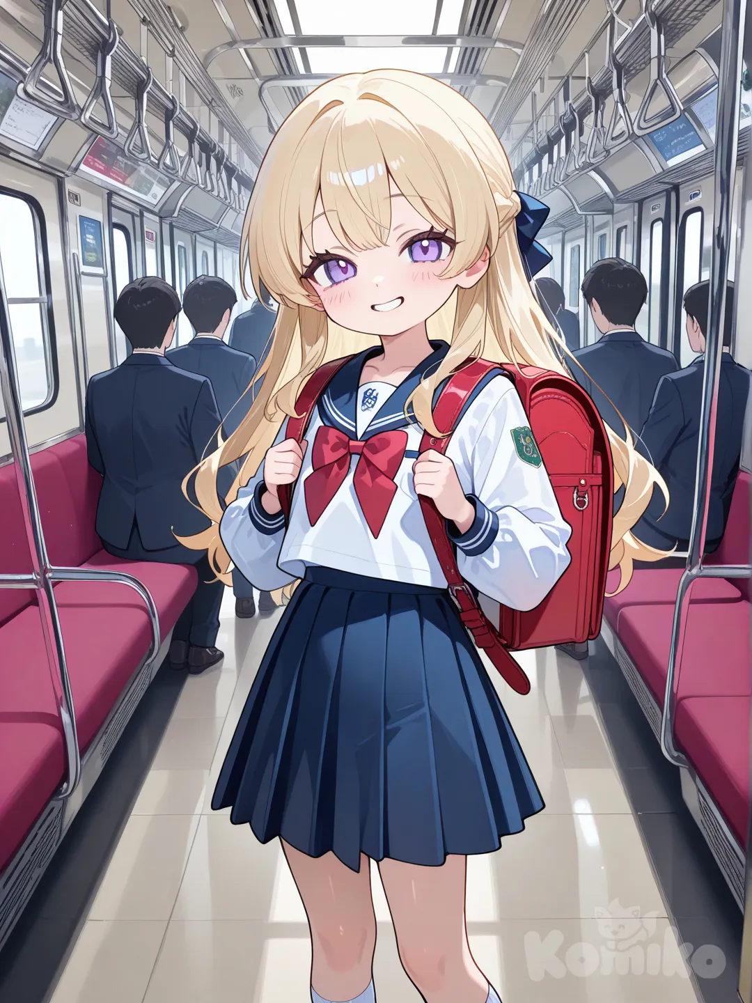 cute,1 ittle girl,7 years old, blonde hair, long hair, smile ,elementary school uniform, red school backpack,
in train,train crowded