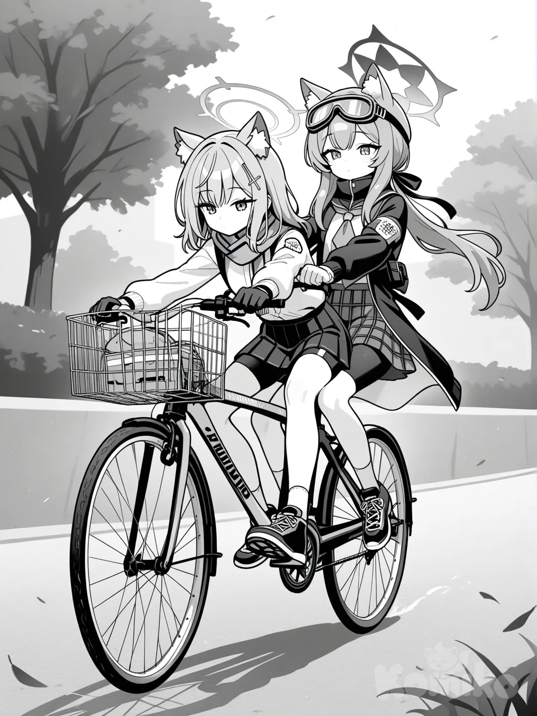 1girl,mari (blue archive), gloves,high-res,solo,goggles on head,no emotion,from head to feet angle,on back, outstretched arms, 1girl,siroko (blue archive), gloves,high-res,solo,goggles on head,no emotion,from head to feet angle,ride bike,bike shorts, bike shorts under skirt, full body,monochrome, greyscale, monochrome,greyscale,colorless