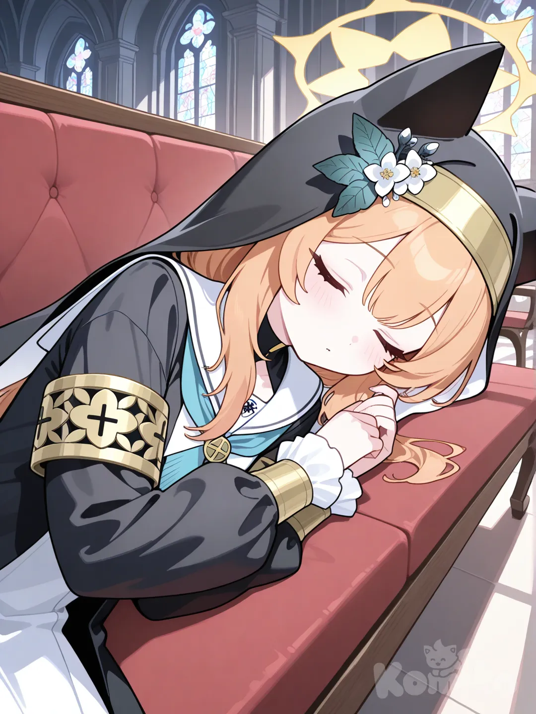 mari (blue archive),from side,lying on the bench,sleeping,closed eyes,
in church