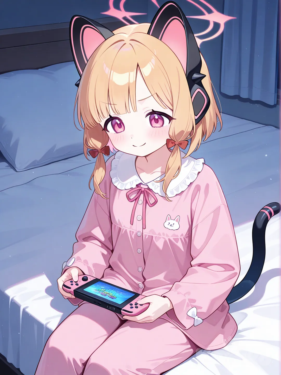 momoi (blue archive), sitting on bed, play electron game