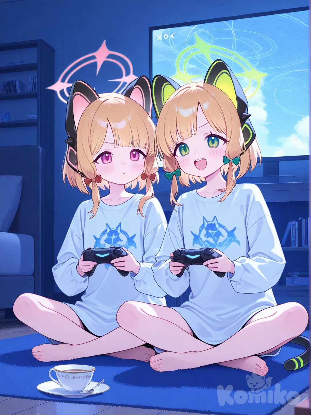 momoi (blue archive) and midori (blue archive), sitting on floor, play electron game,Xbox,together