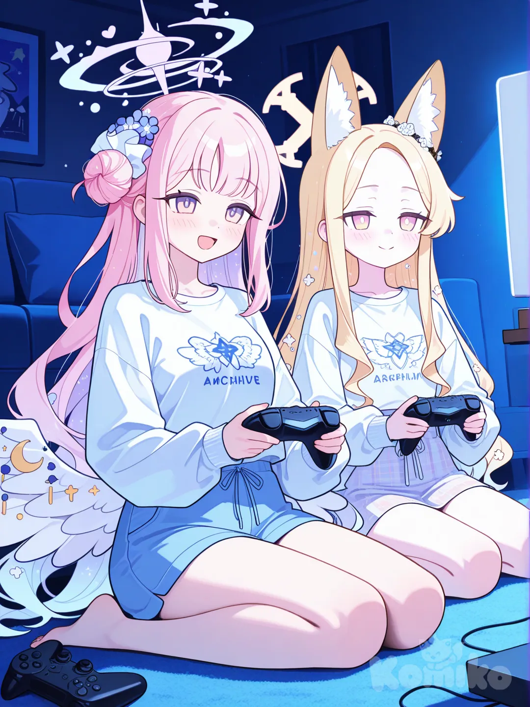 mika (blue archive) and seia (blue archive), sitting on floor, play electron game,Xbox,together
