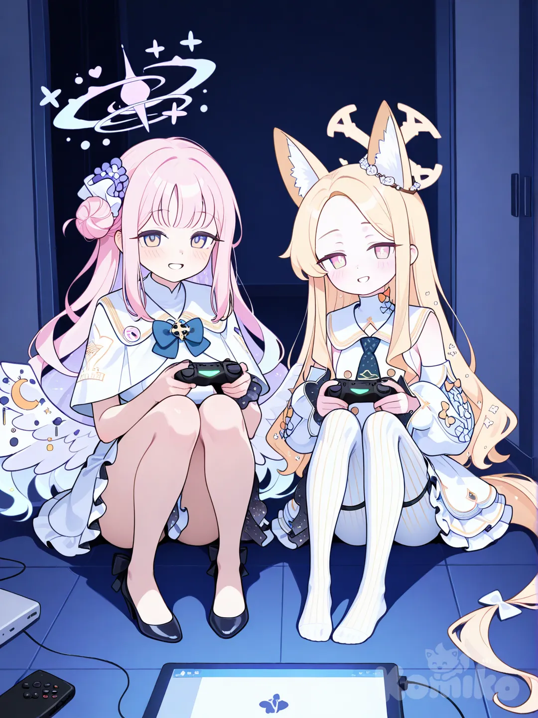 mika (blue archive) and seia (blue archive), sitting on floor, play electron game,Xbox,together