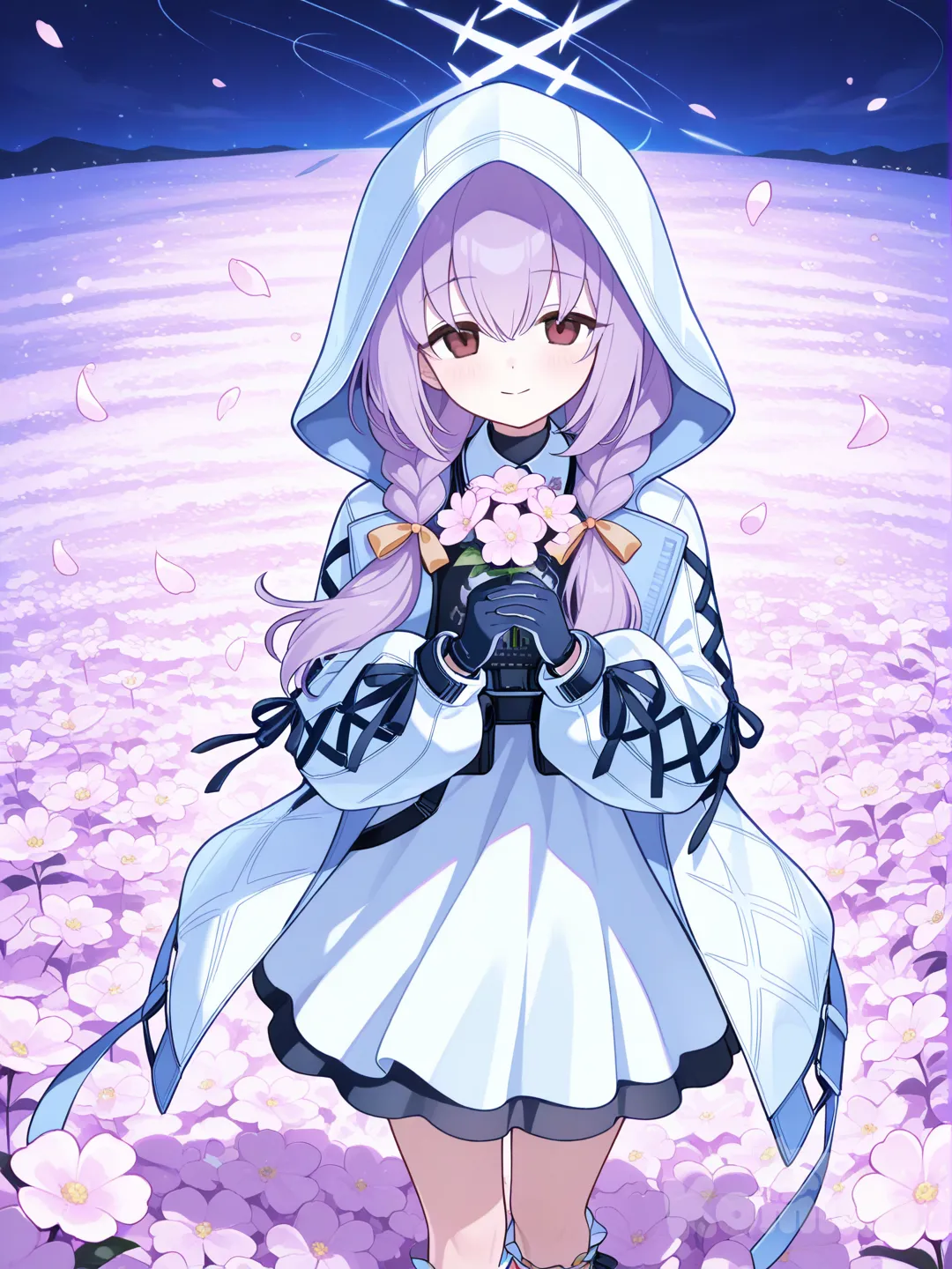 atsuko (blue archive), holding flower, smile,flower sea,standing