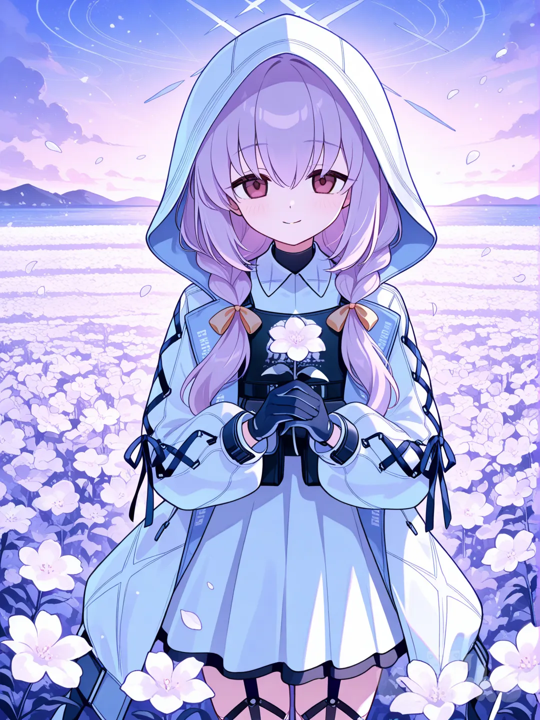 atsuko (blue archive), holding flower, smile,flower sea,standing,inner suit