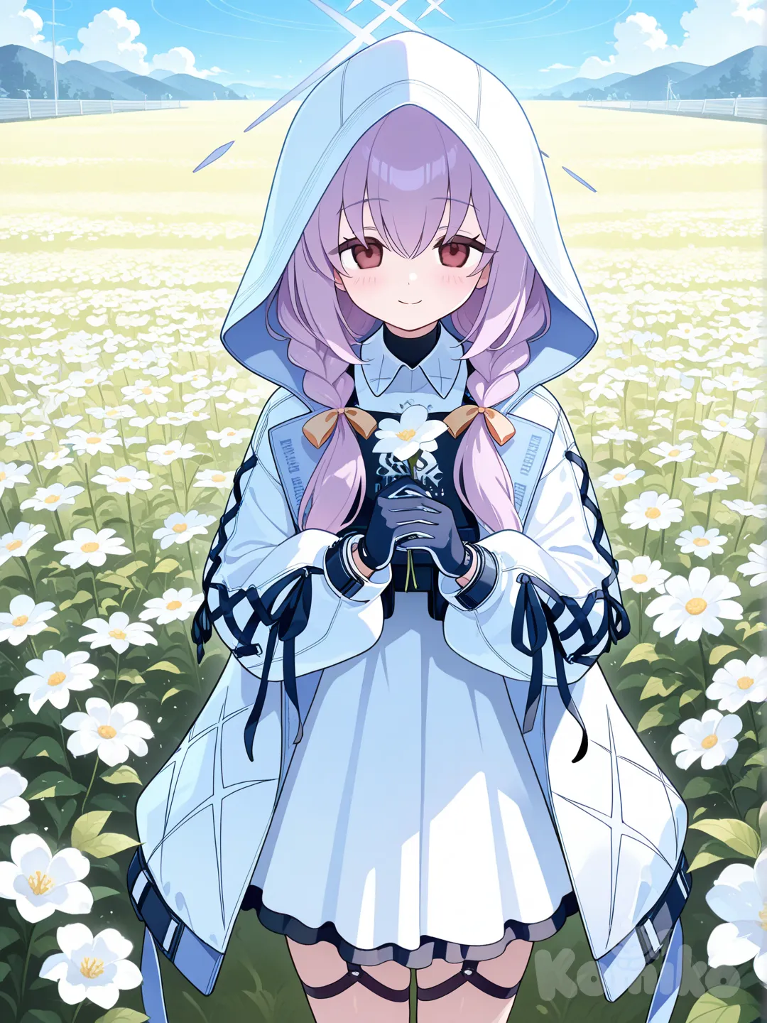 atsuko (blue archive), holding flower, smile,flower sea,standing,inner suit