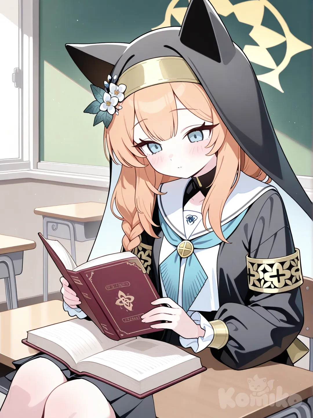 mari (blue archive), in class room,reding book