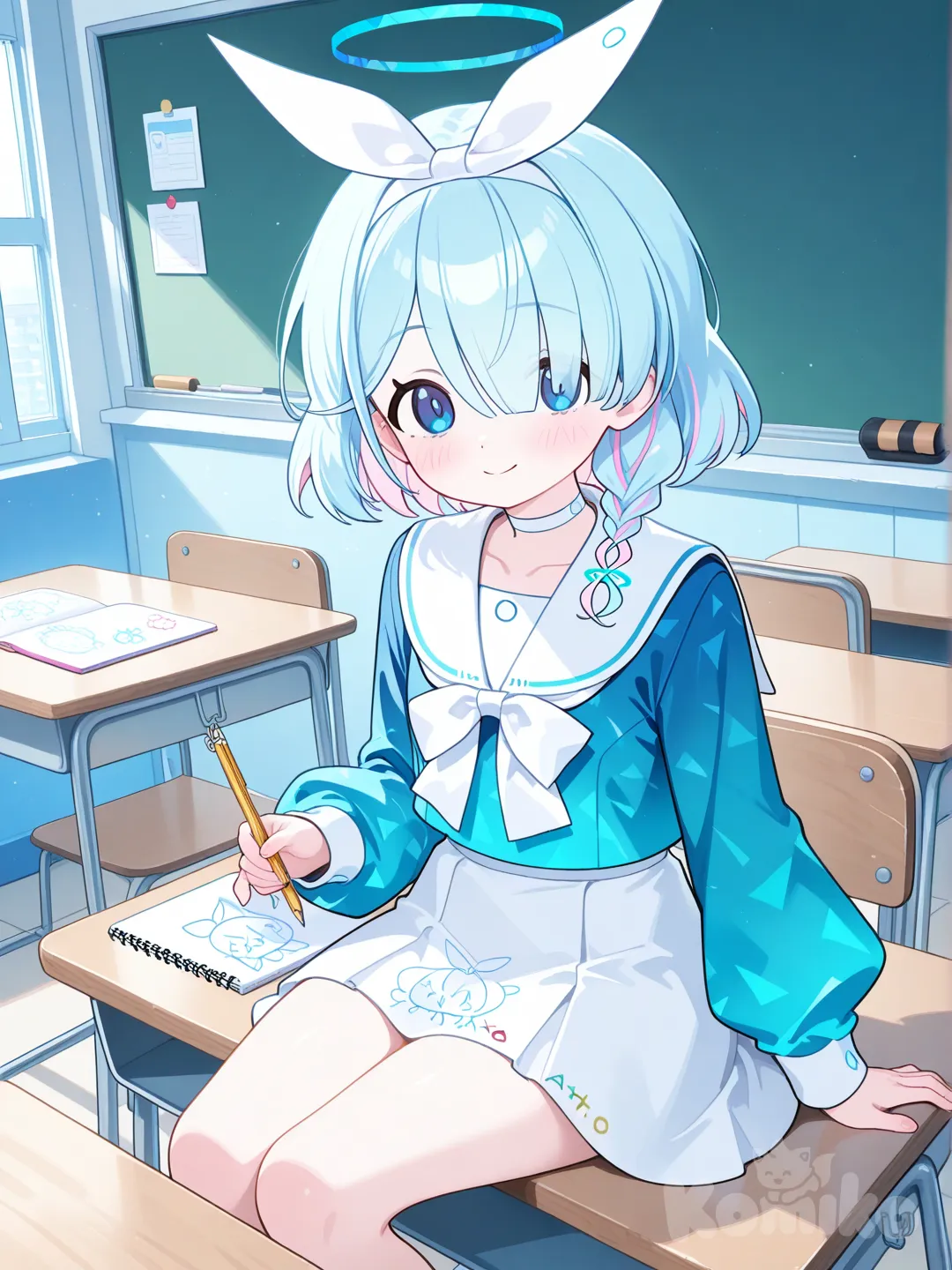 arona (blue archive), in classroom,sitting on the class table,drawing