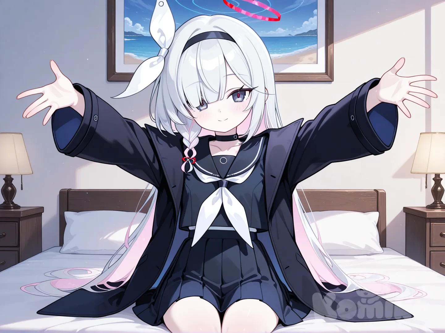 plana (blue archive), in bedroom,sitting on the bed, outstretched arms, smile