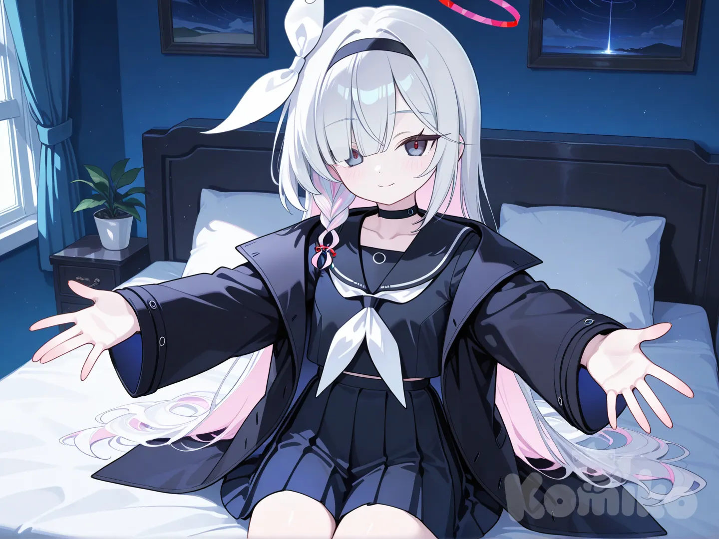 plana (blue archive), in bedroom,sitting on the bed, outstretched arms, smile