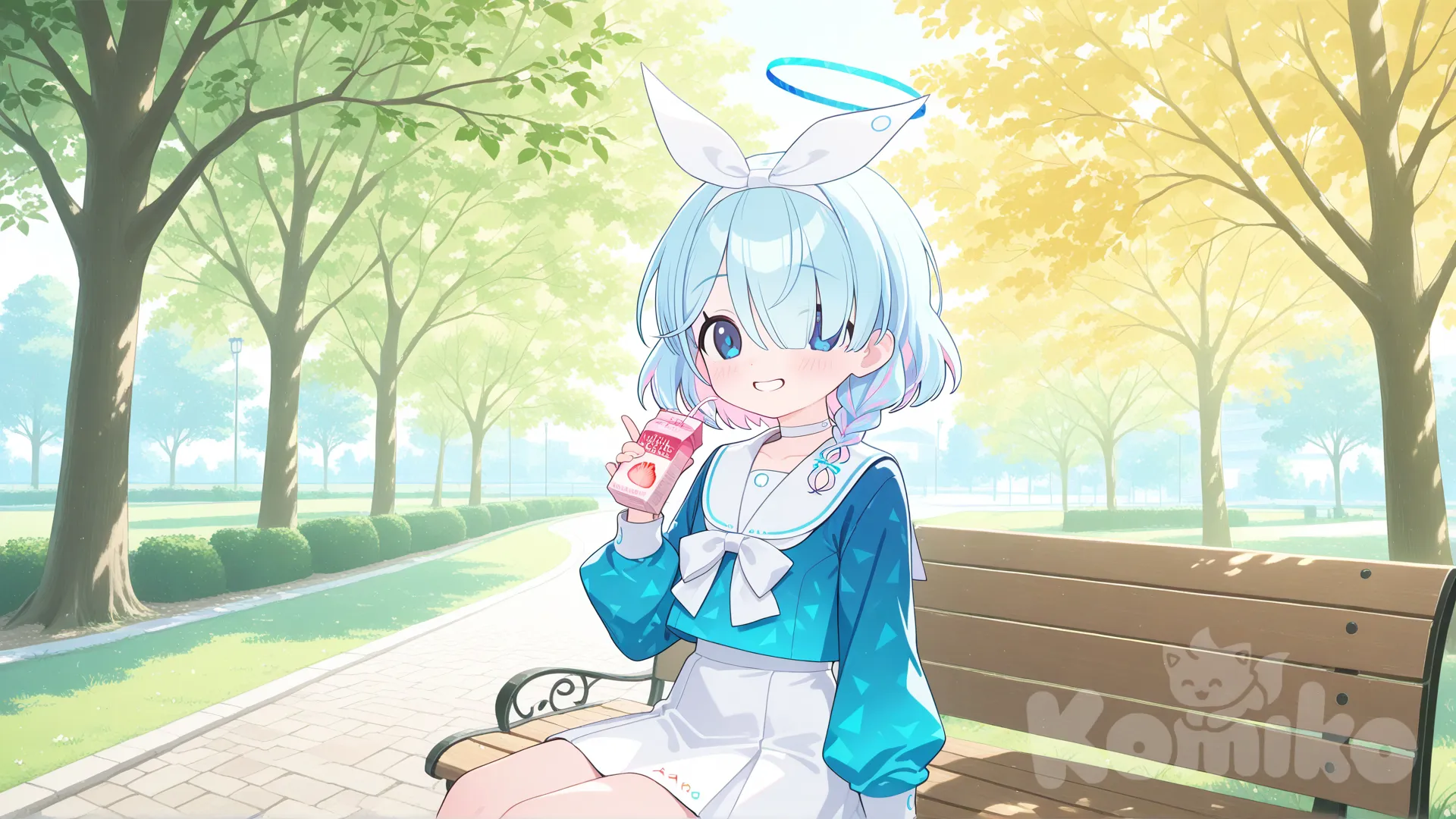 arona (blue archive), in park,holding strawberries milk,happy