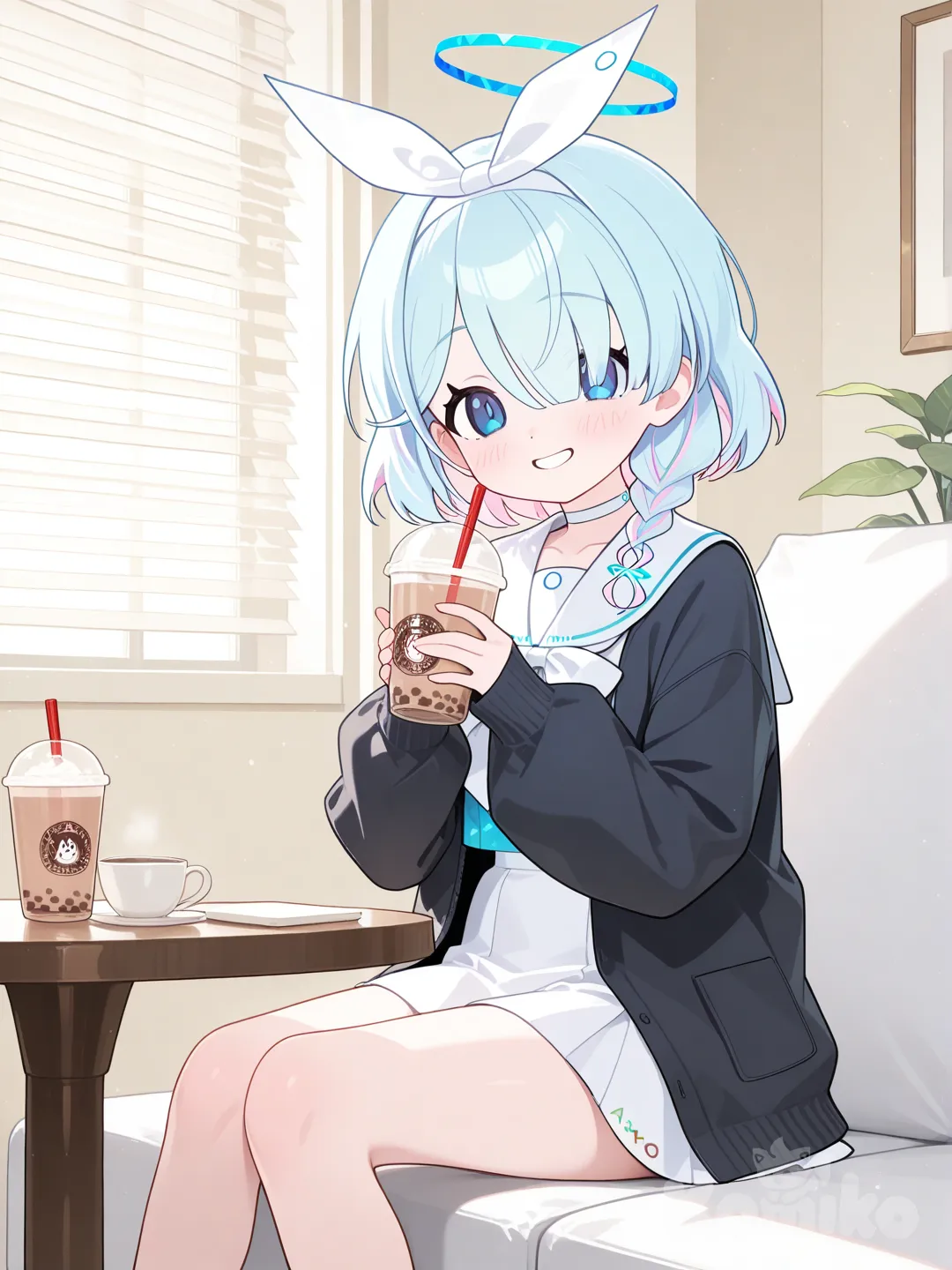 arona (blue archive), holding milk tea,in the coffee table,smile