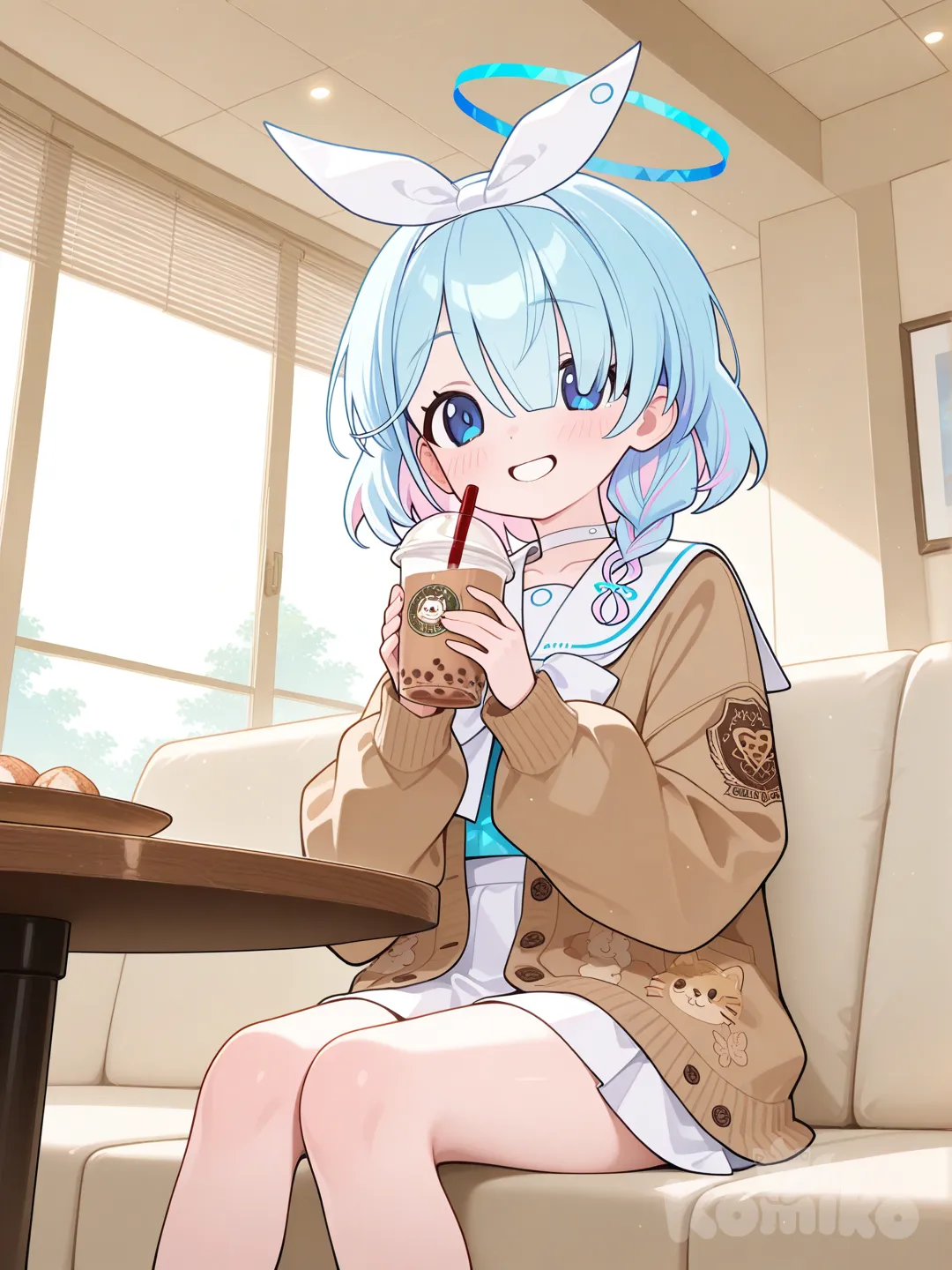 arona (blue archive), holding milk tea,in the coffee table,smile