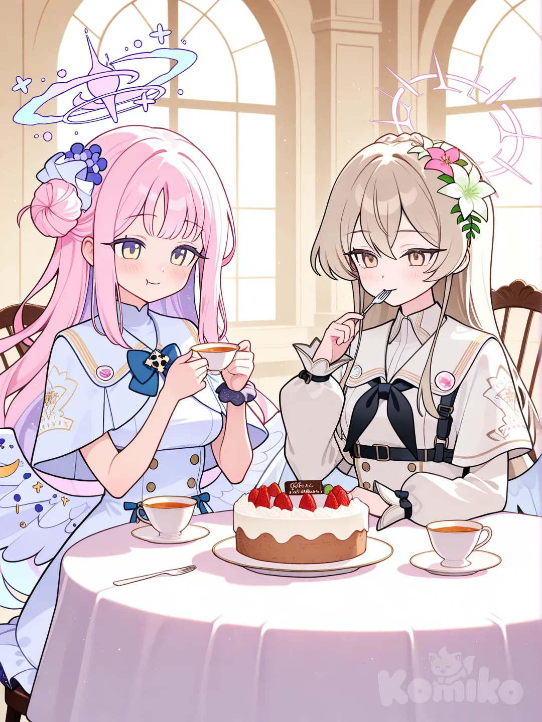 nagisa (blue archive), mika (blue archive), drinking tea and eating cake,tea party
