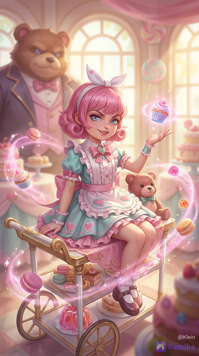 newest, very aesthetic, absurdres, score_9, score_8, safe, ultra highly refined details, fantasy illustration, splash art, painterly, cinematic rendering, soft bloom, dramatic lighting, volumetric lighting, depth_of_field, atmospheric perspective, dynamic composition, beautiful lighting, Cafe Cuties Annie, League of Legends, 1girl, solo focus, full body, low angle perspective, sitting playfully on a dessert cart, confident playful expression, smug smile, looking at viewer, whimsical pose, one hand raised as if casting magic, cute but mischievous, charming magical girl vibe, short pink hair, curled bob hairstyle, soft bangs, hair strands, blue eyes, eyes, reflective eyes, soft blush, fair skin, cute face, childlike features, white bow headband, glossy lips, cute cafe maid-inspired outfit, pastel teal and pink dress, frilled dress, ruffled apron details, large ribbon bow at the collar, puffy sleeves, lace trim, heart motifs, gold accents, glossy shoes, white stockings, sweet dessert-themed fashion, elegant fantasy cafe costume, small plush Tibbers doll beside her, giant Tibbers in the background, teddy bear companion wearing a fancy suit, ruffled collar, elegant bear design, protective presence, whimsical fantasy companion, fluffy texture, plush details, floating sweets and desserts, magical cupcake hovering above her hand, candy pieces, jelly candies, macarons, cherries, sparkling sugar effects, swirling pink magical trails, glowing particles, whimsical confectionery atmosphere, dreamy cafe interior, large arched windows, pastel sunlight, elegant dessert shop, cakes in the background, candy decorations, soft ambient glow, romantic fantasy tearoom setting, magical bakery atmosphere, storybook environment, pink theme, teal theme, pastel palette, warm highlights, soft shadows, dreamy lighting, cinematic depth, blurry foreground sweets, blurry background cafe interior, fantasy game art, cute magical composition, playful elegance, ethereal