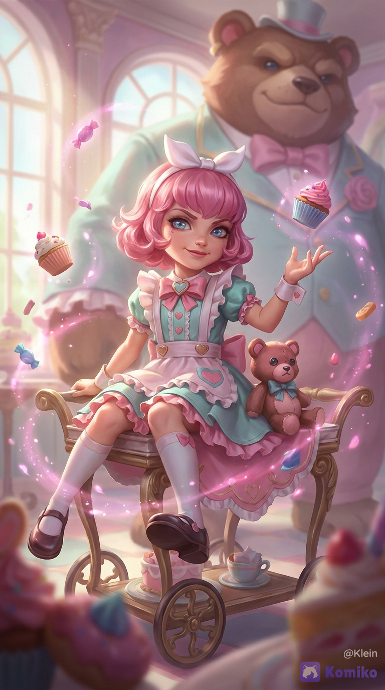 newest, very aesthetic, absurdres, score_9, score_8, safe, ultra highly refined details, fantasy illustration, splash art, painterly, cinematic rendering, soft bloom, dramatic lighting, volumetric lighting, depth_of_field, atmospheric perspective, dynamic composition, beautiful lighting, Cafe Cuties Annie, League of Legends, 1girl, solo focus, full body, low angle perspective, sitting playfully on a dessert cart, confident playful expression, smug smile, looking at viewer, whimsical pose, one hand raised as if casting magic, cute but mischievous, charming magical girl vibe, short pink hair, curled bob hairstyle, soft bangs, hair strands, blue eyes, eyes, reflective eyes, soft blush, fair skin, cute face, childlike features, white bow headband, glossy lips, cute cafe maid-inspired outfit, pastel teal and pink dress, frilled dress, ruffled apron details, large ribbon bow at the collar, puffy sleeves, lace trim, heart motifs, gold accents, glossy shoes, white stockings, sweet dessert-themed fashion, elegant fantasy cafe costume, small plush Tibbers doll beside her, giant Tibbers in the background, teddy bear companion wearing a fancy suit, ruffled collar, elegant bear design, protective presence, whimsical fantasy companion, fluffy texture, plush details, floating sweets and desserts, magical cupcake hovering above her hand, candy pieces, jelly candies, macarons, cherries, sparkling sugar effects, swirling pink magical trails, glowing particles, whimsical confectionery atmosphere, dreamy cafe interior, large arched windows, pastel sunlight, elegant dessert shop, cakes in the background, candy decorations, soft ambient glow, romantic fantasy tearoom setting, magical bakery atmosphere, storybook environment, pink theme, teal theme, pastel palette, warm highlights, soft shadows, dreamy lighting, cinematic depth, blurry foreground sweets, blurry background cafe interior, fantasy game art, cute magical composition, playful elegance, ethereal